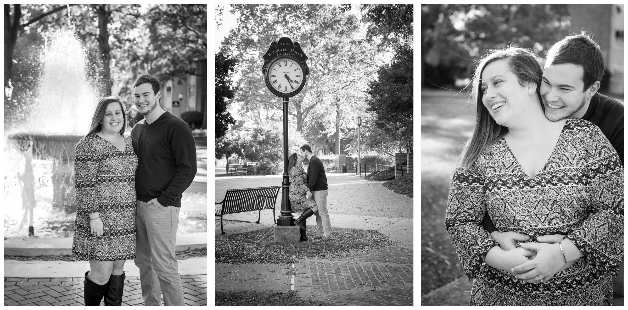 Engaged couple embracing on Randolph-Macon campus in Ashland, Virginia.