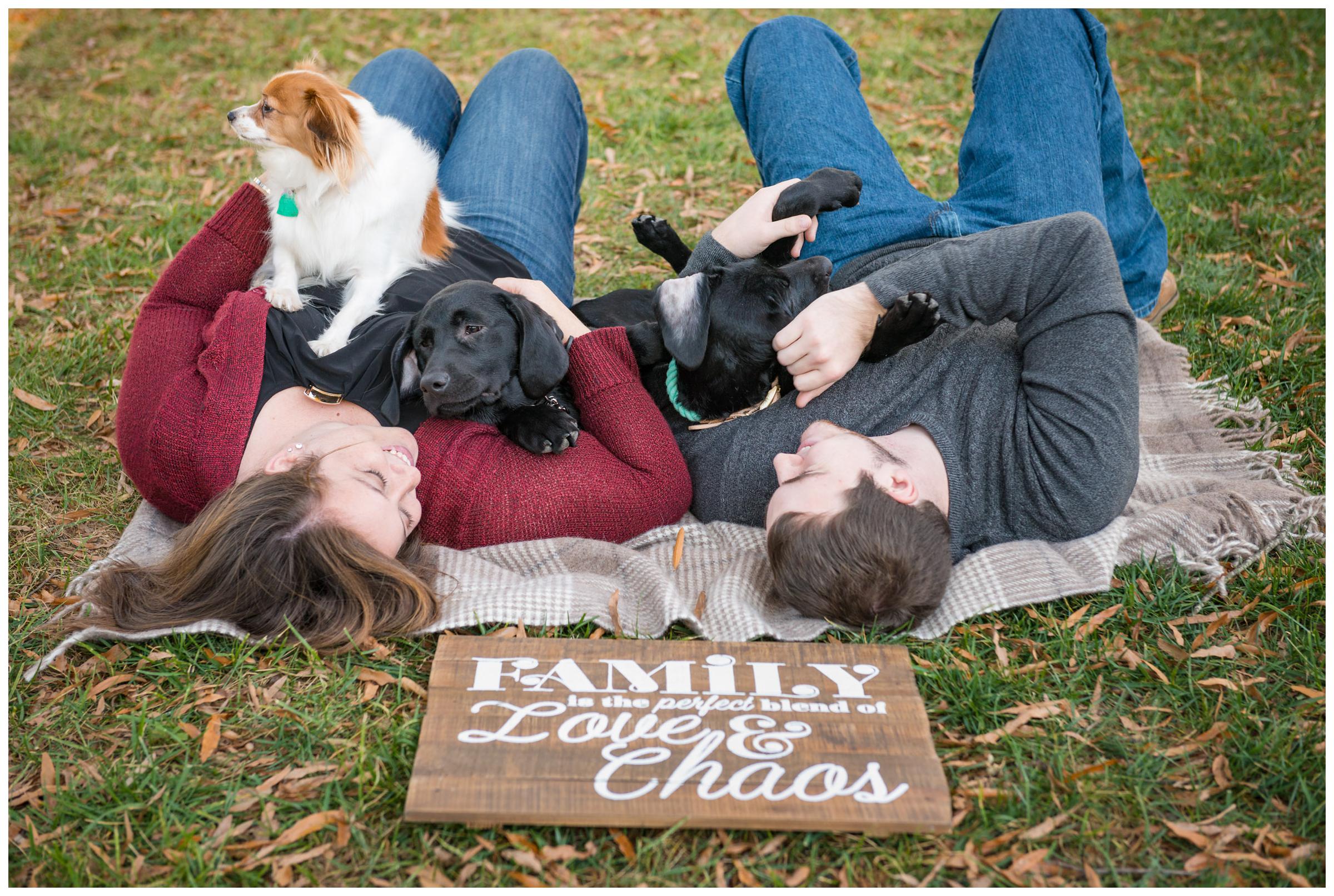 Engaged couple playing with three dogs with "family is the perfect blend of love & chaos" sign.