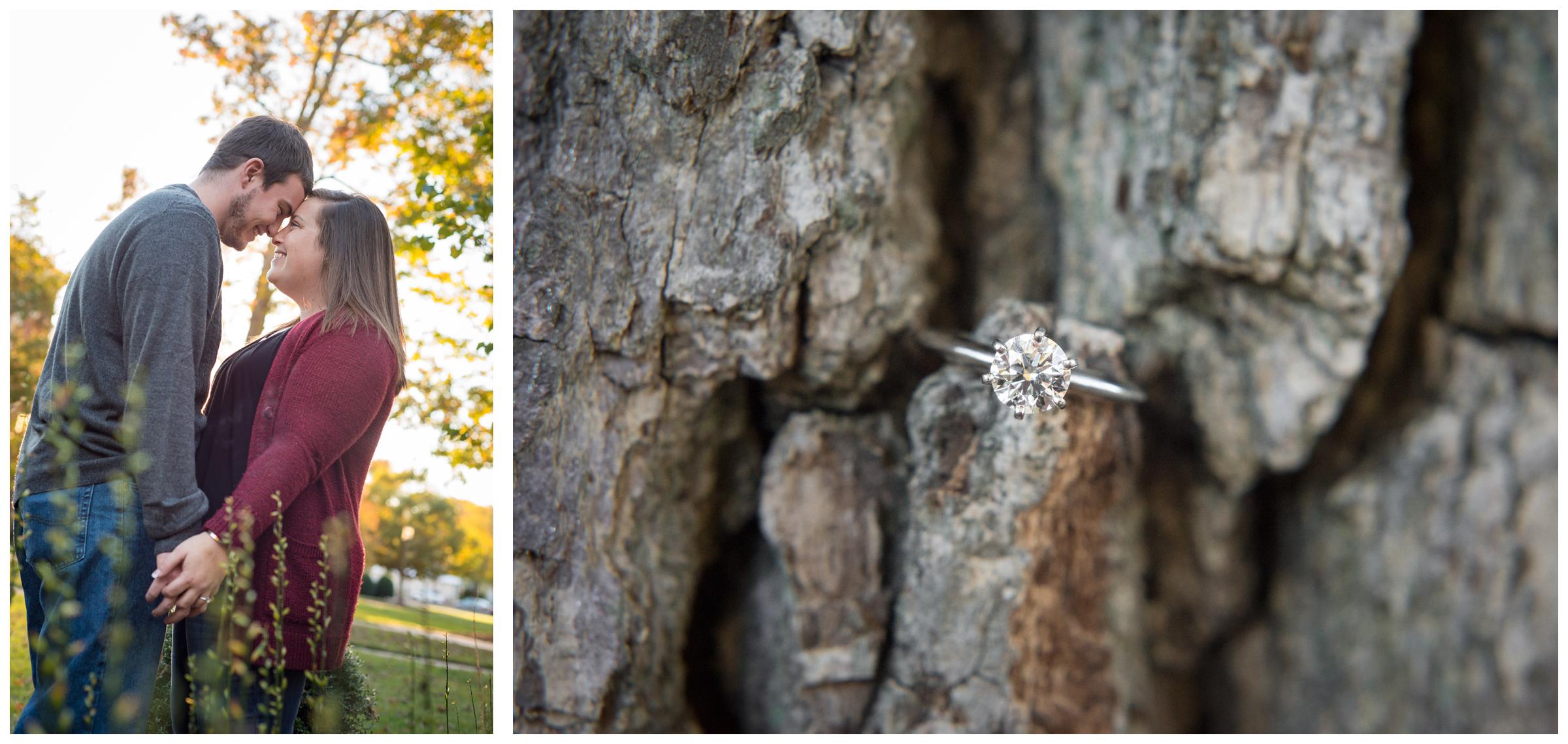 Engaged couple embracing at sunset on Randolph-Macon campus in Ashland, Virginia.