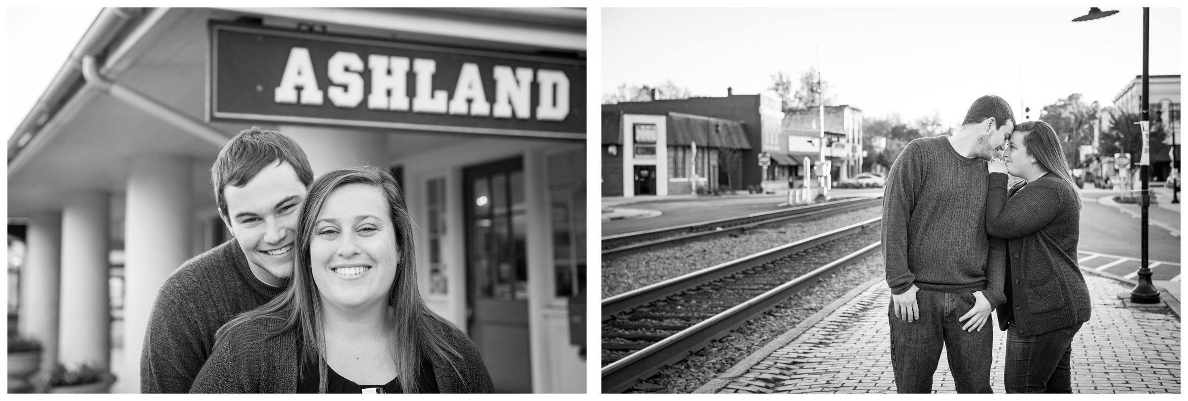 Engaged couple near train station in Ashland, Virginia.