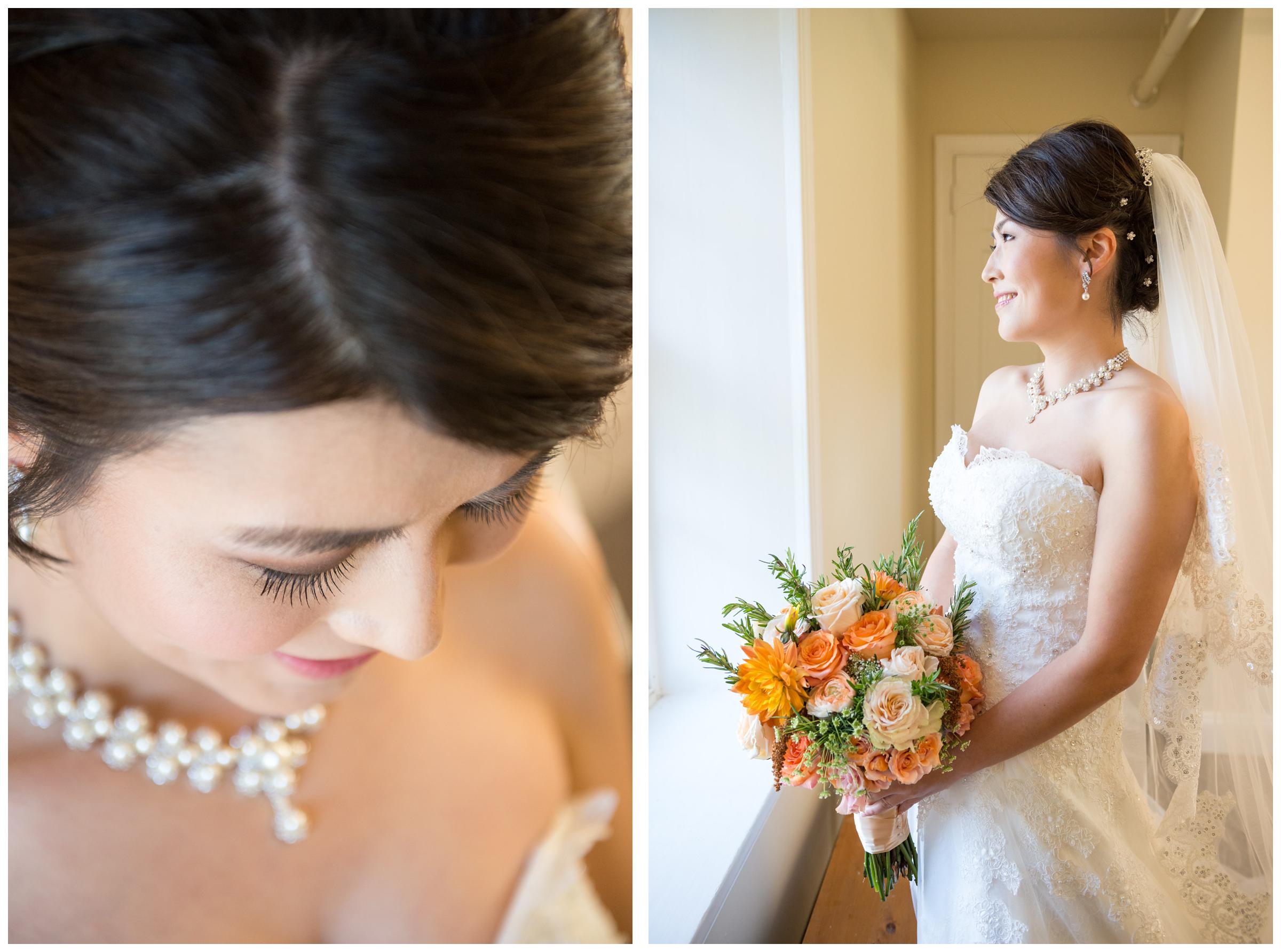 Bride looking out window before wedding ceremony.