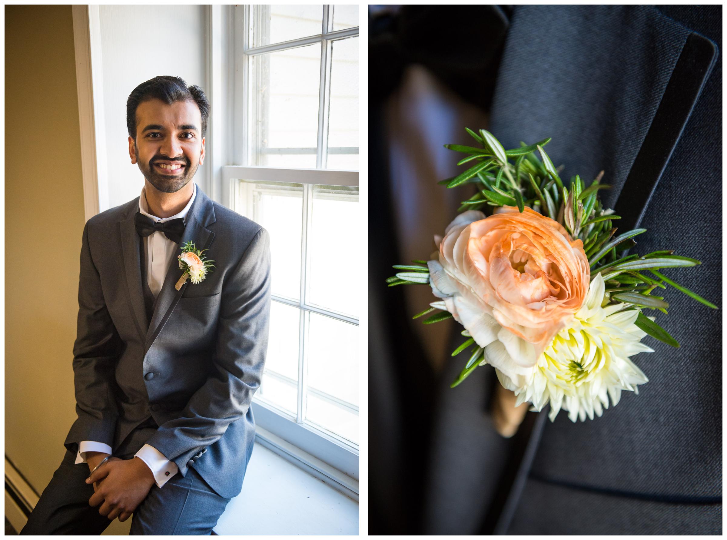 Groom and boutonniere before wedding ceremony.