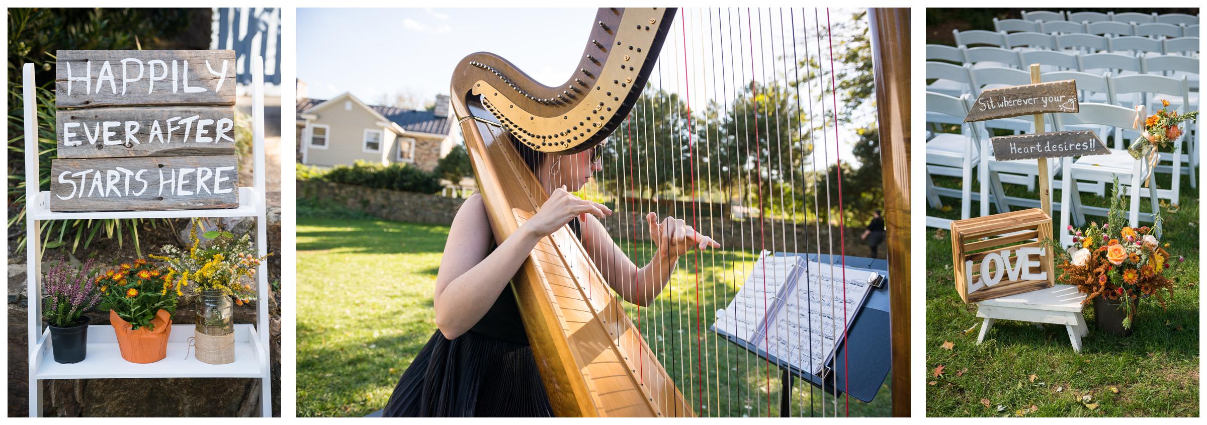 Harpist and rustic signs during wedding ceremony at Stoneleigh Golf Club. 