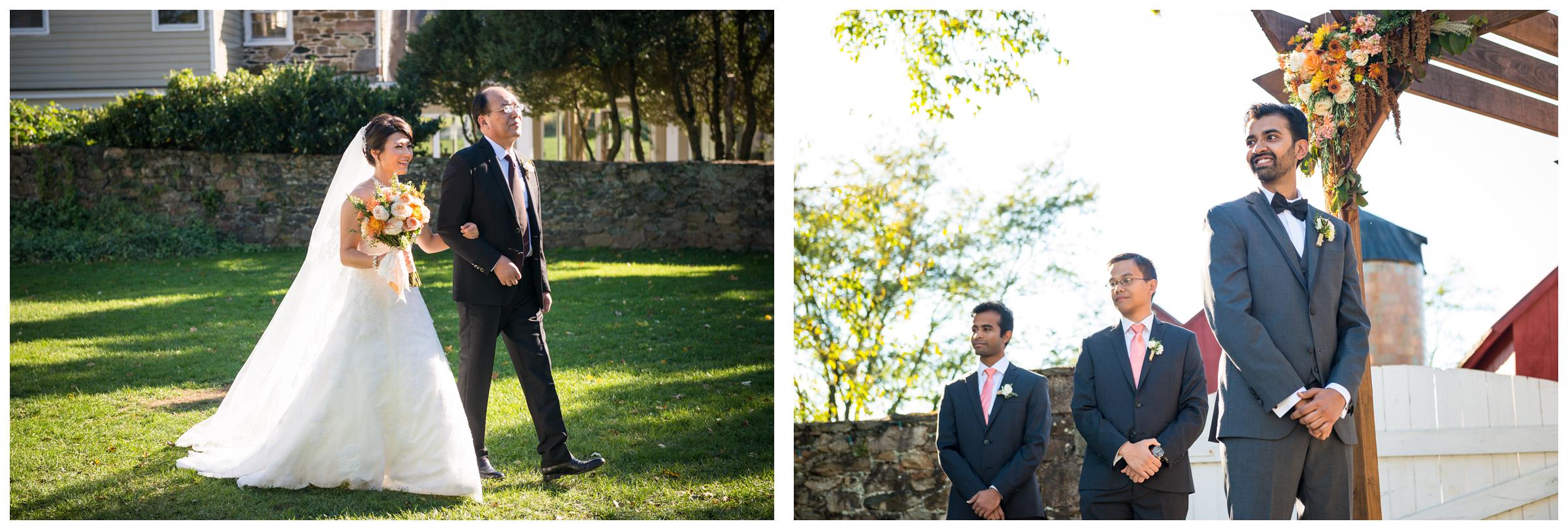 Bride and groom seeing each other for the first time during wedding ceremony.