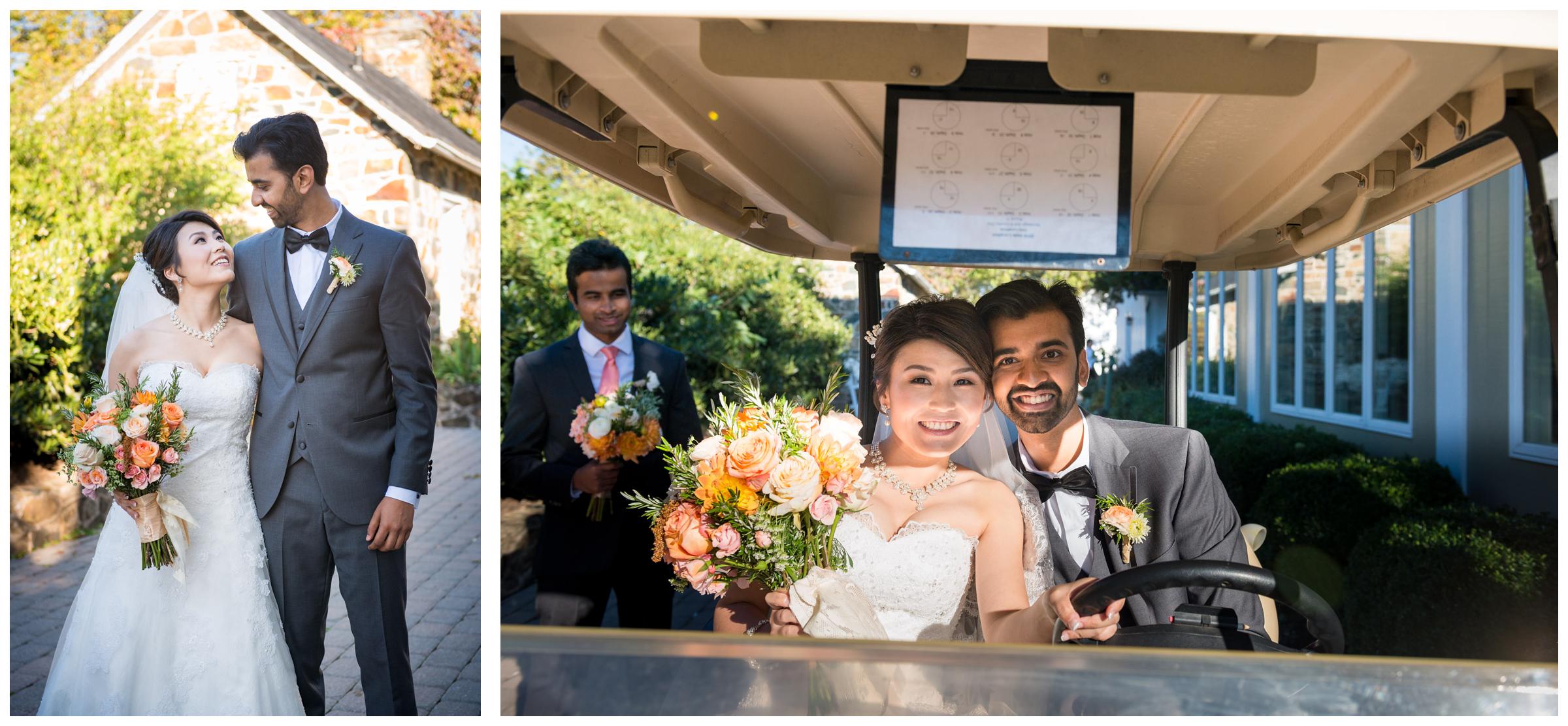 Bride and groom on golf cart following outdoor wedding.