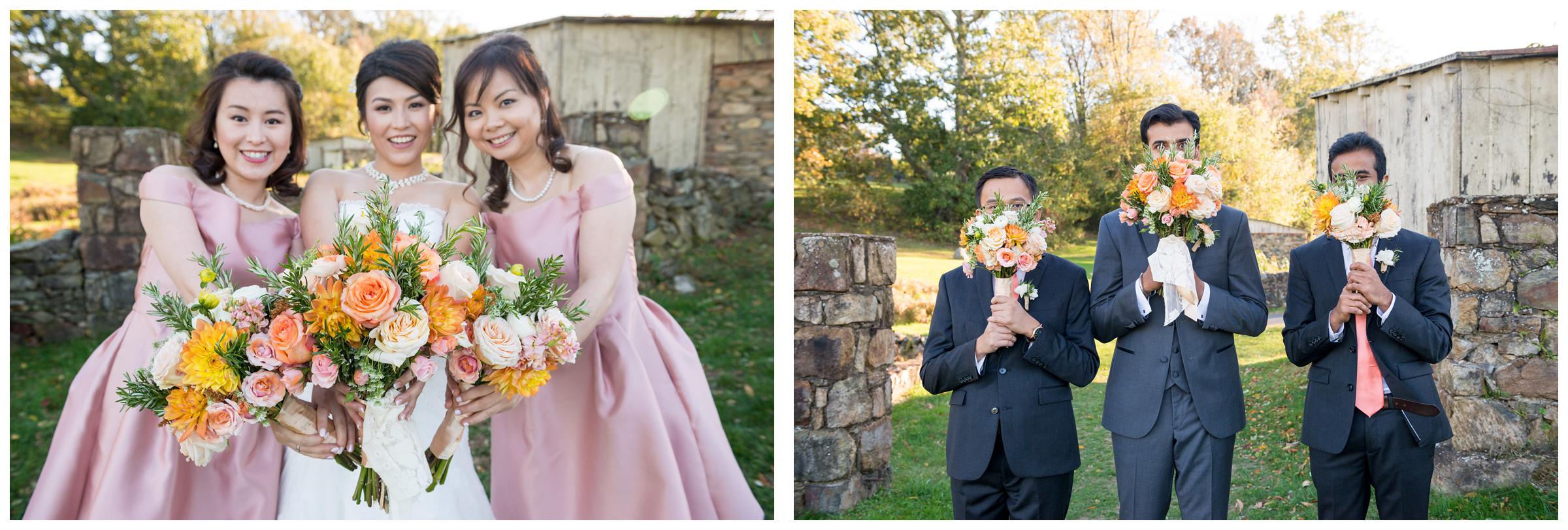 Portraits of bridesmaids and groomsmen with bouquets.