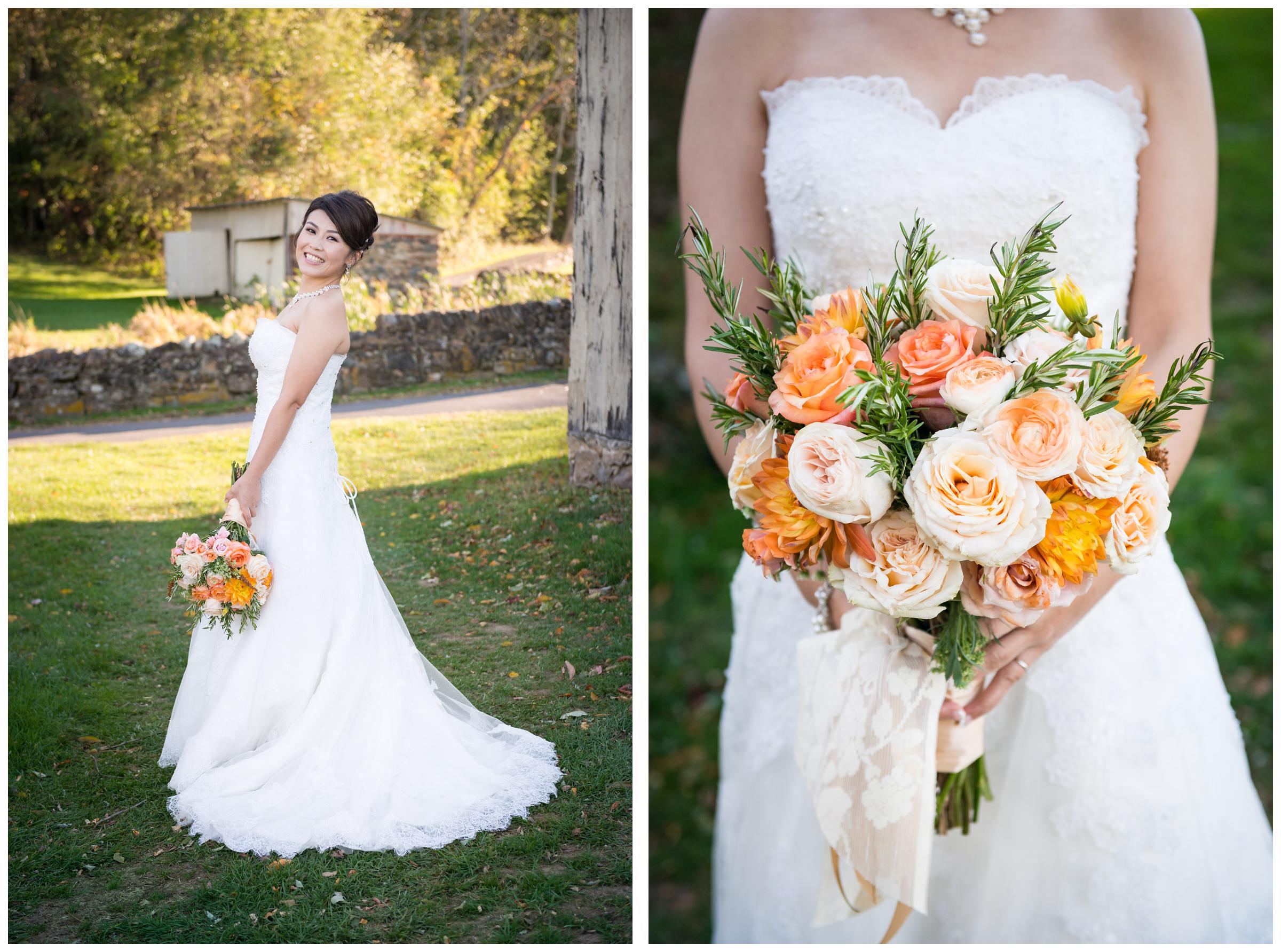 Portrait of bride and bouquet after wedding at Stoneleigh Golf Club