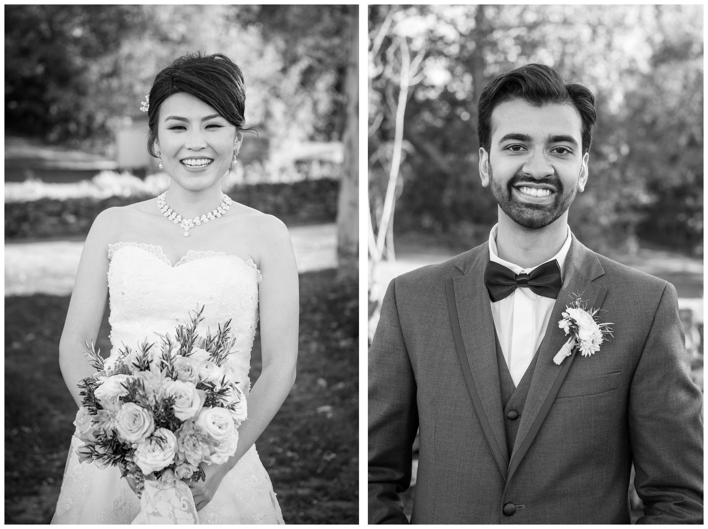 Black and white portraits of bride and groom on wedding day.