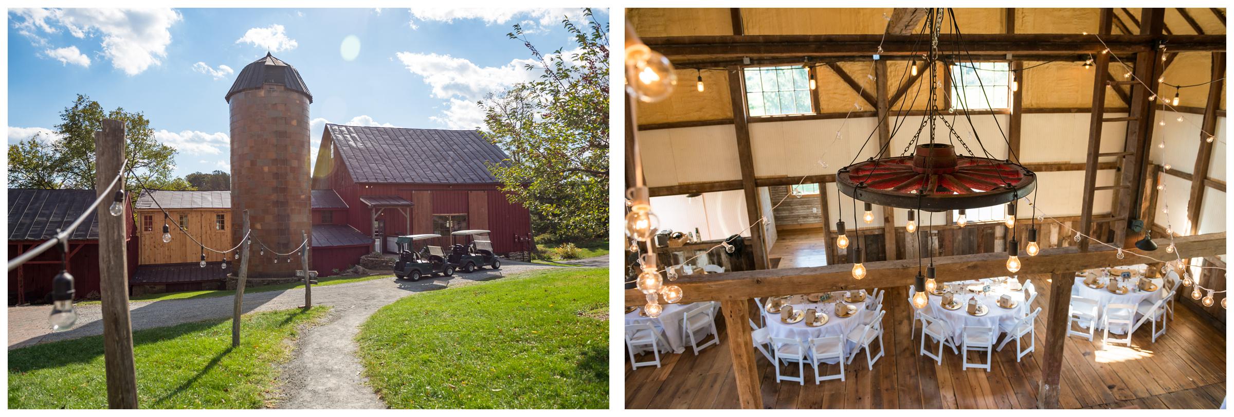 Rustic barn wedding reception with edison string lights at Stoneleigh Golf Club in Northern Virginia.