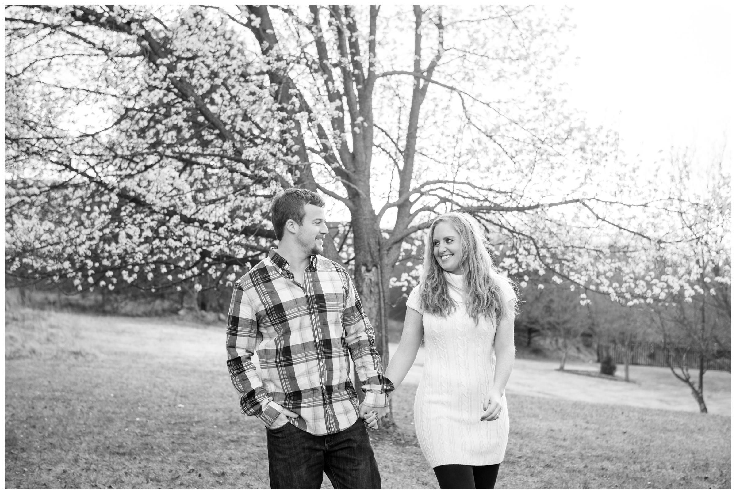 engaged couple under cherry blossom tree during engagement photos in Rockville, Maryland