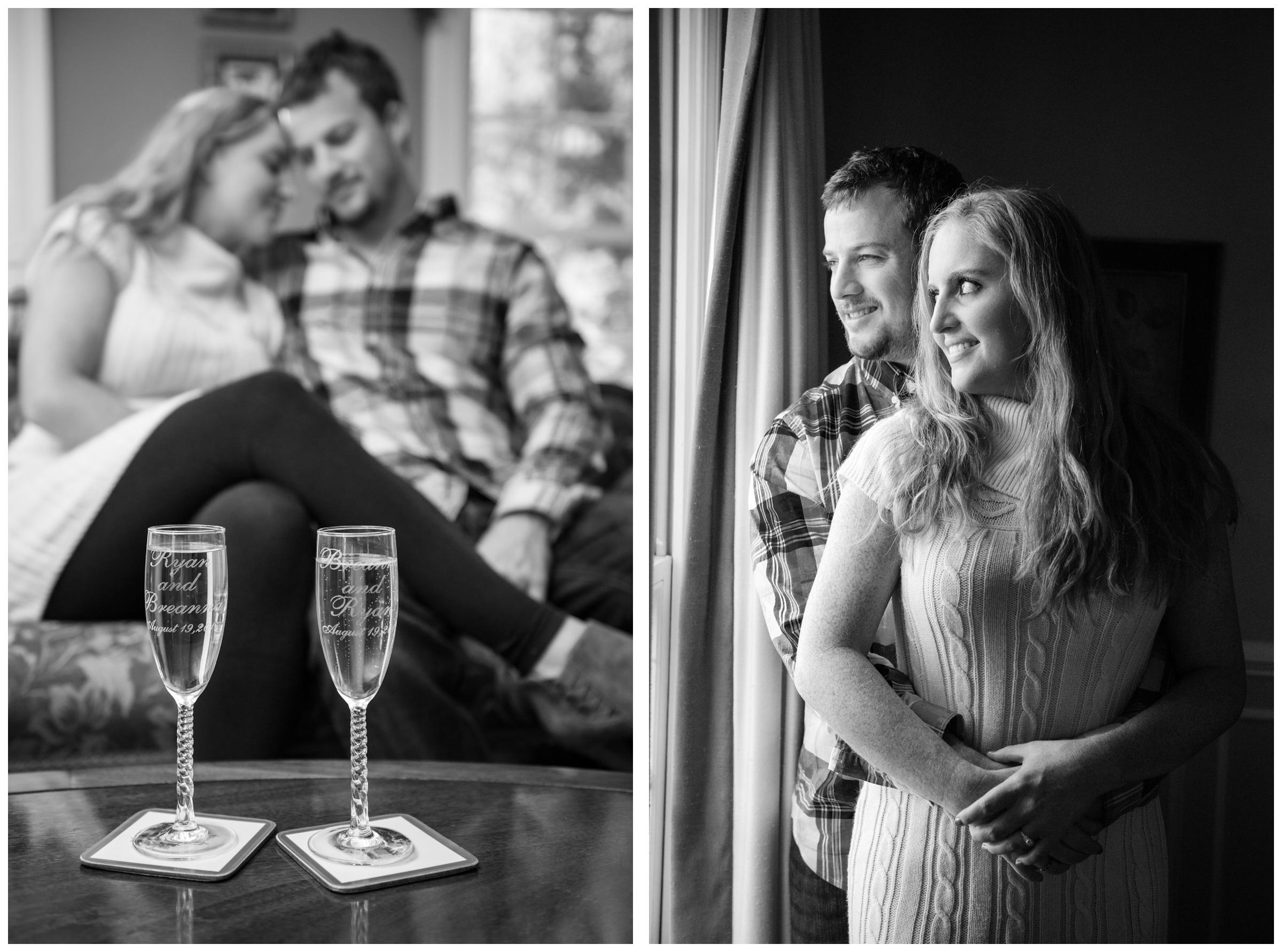 lifestyle engagement photos in home with champagne