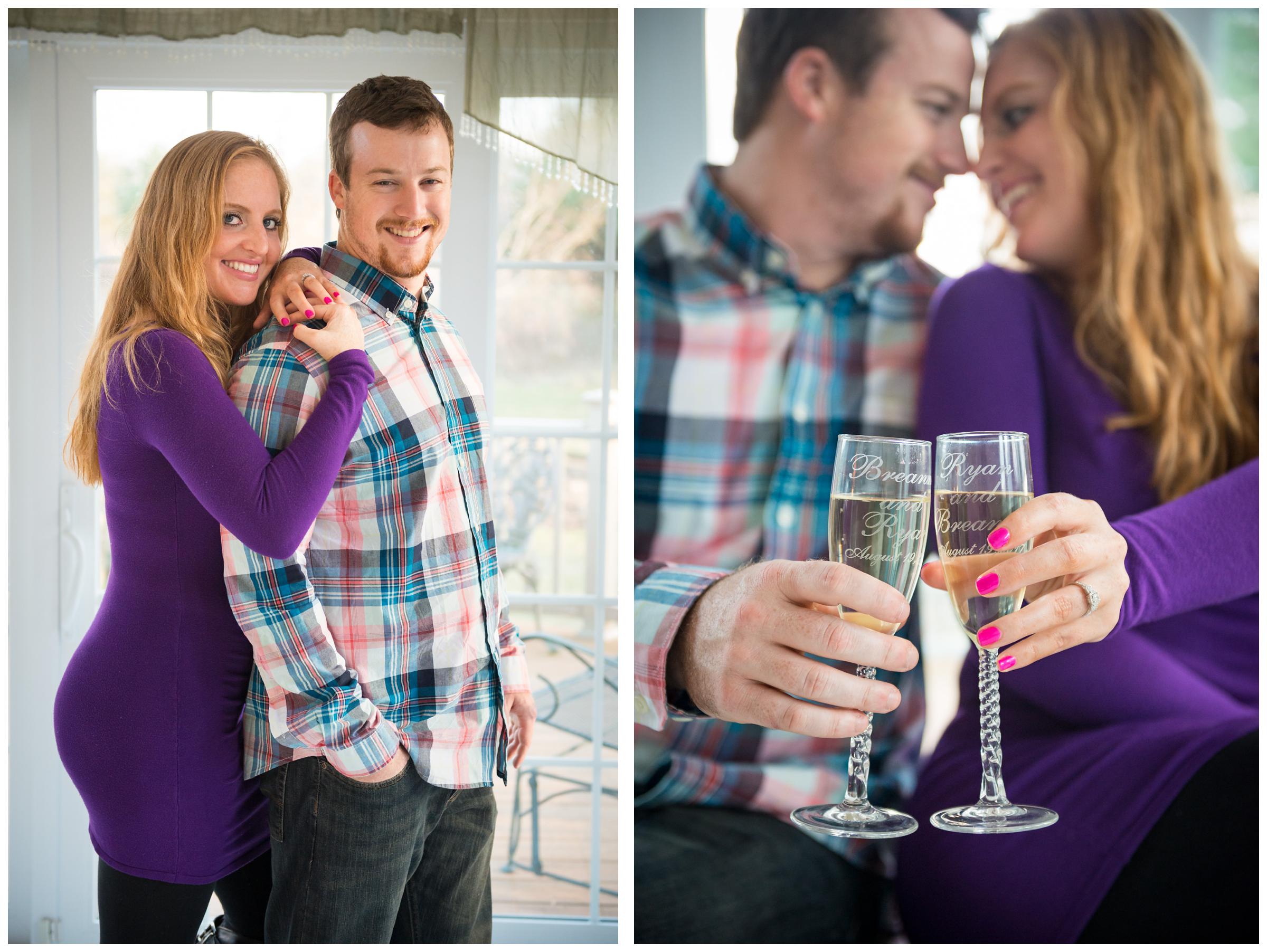 photos of engaged couple in Rockville, Maryland home with champagne