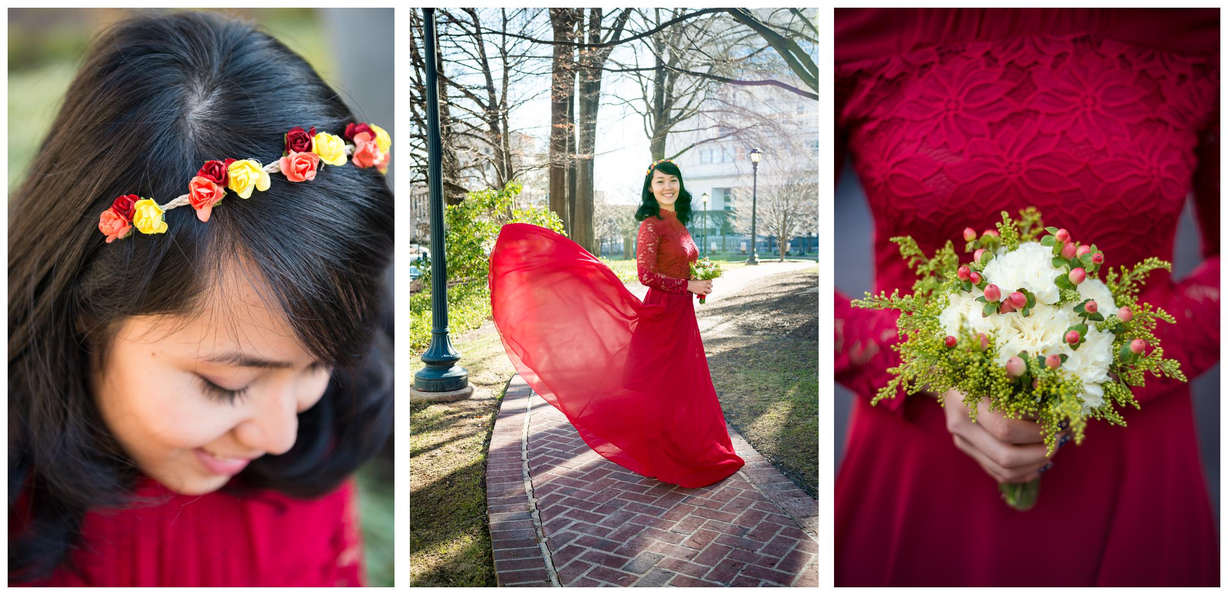 Filipino bride wearing red gown with flower crown and bouquet