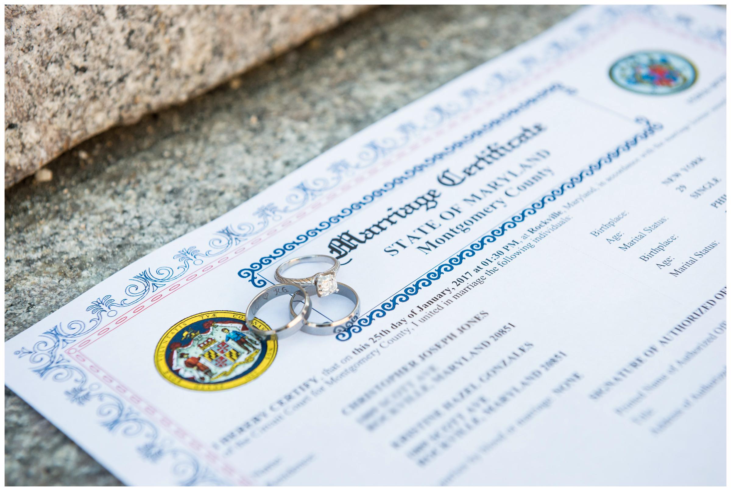 wedding rings on marriage certificate after courthouse wedding in Rockville, Maryland.