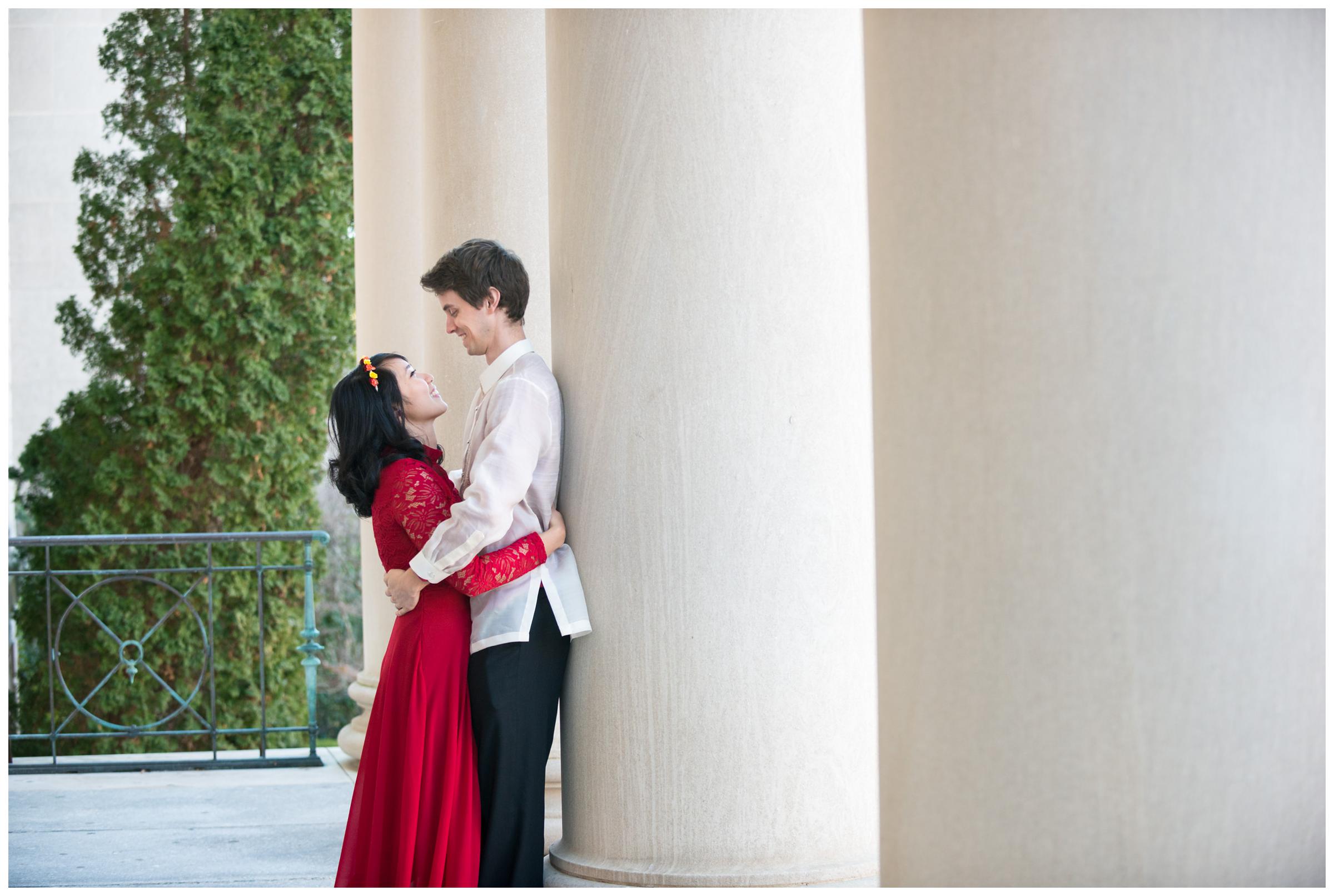 bride and groom amongst pillars