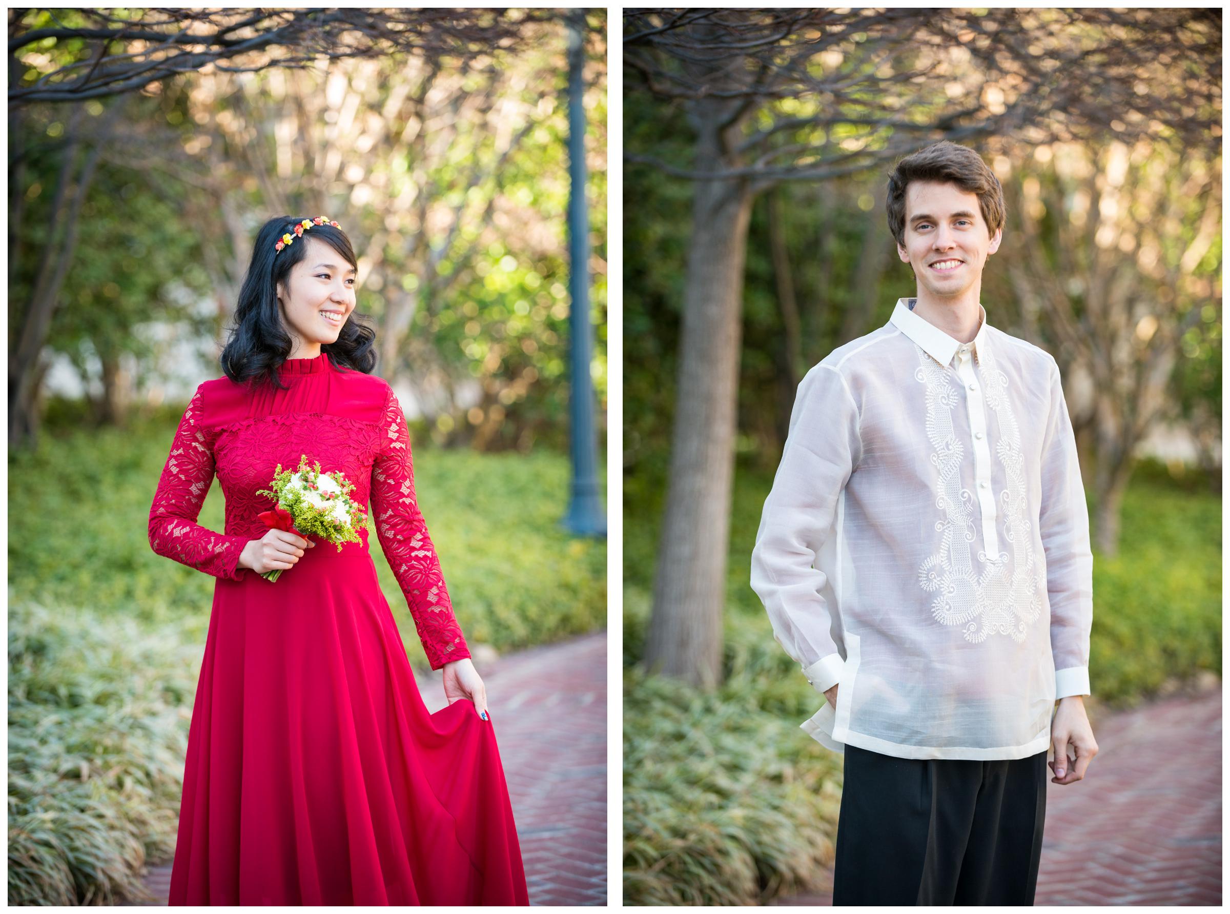 bride in red gown and groom in Filipino Barong Tagalog