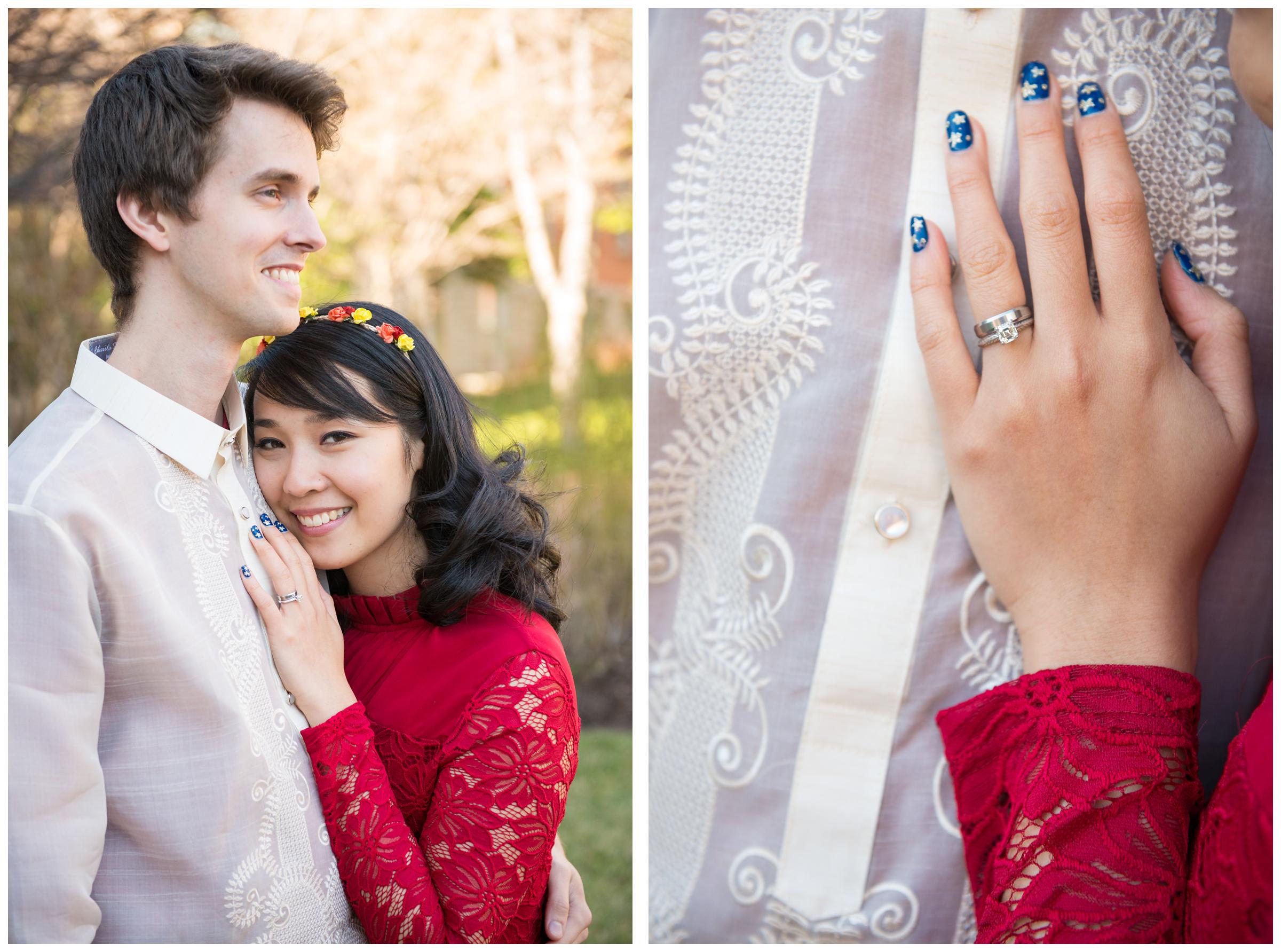 bride in red gown and groom in Filipino Barong Tagalog