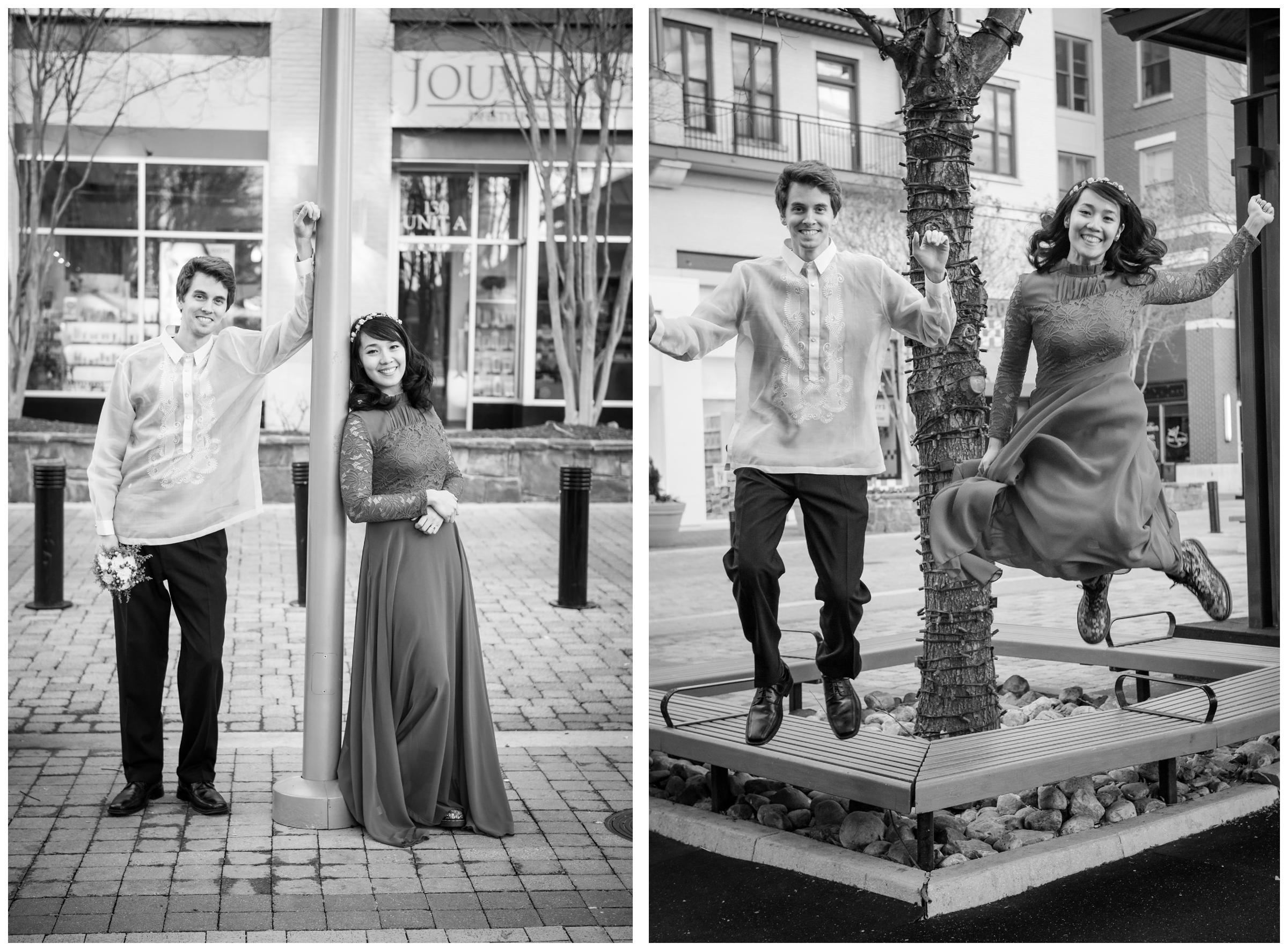 bride and groom jumping and celebrating marriage in Rockville Town Square.