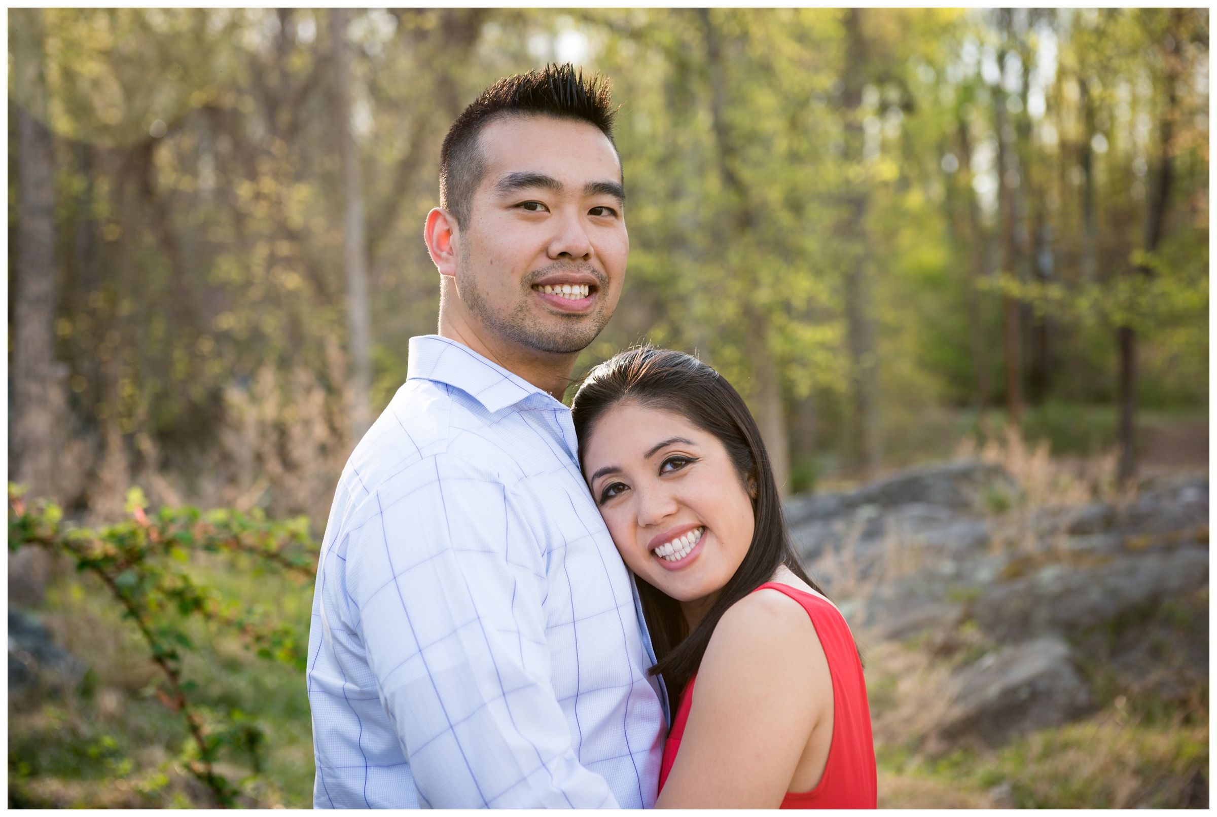 engagement photos amidst trees at Great Falls Park in Virginia