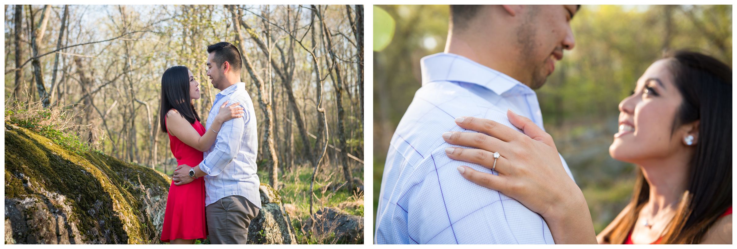 engaged couple amidst trees at Great Falls Park in Virginia