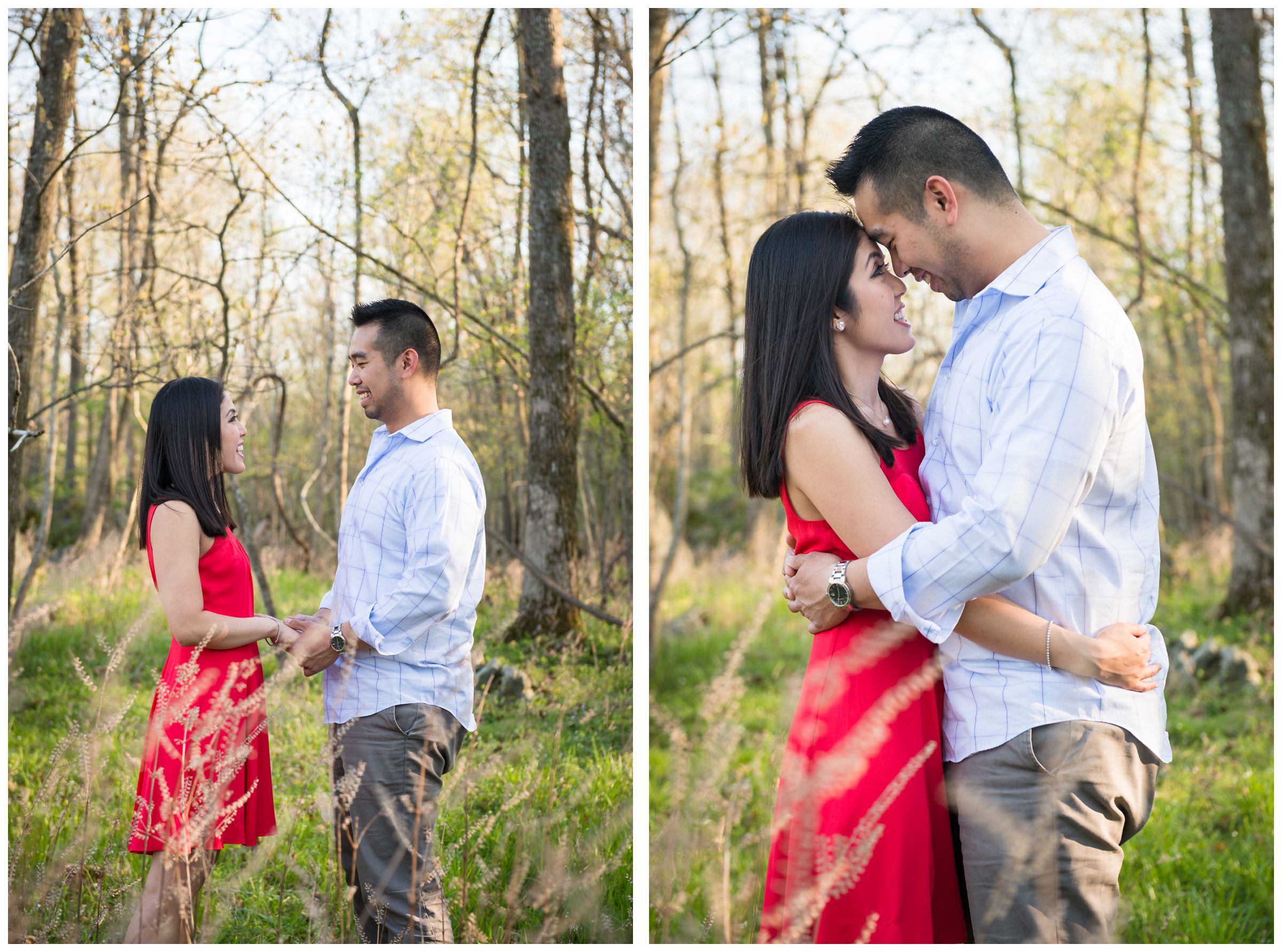 engaged couple in tall grass at Great Falls Park in Virginia