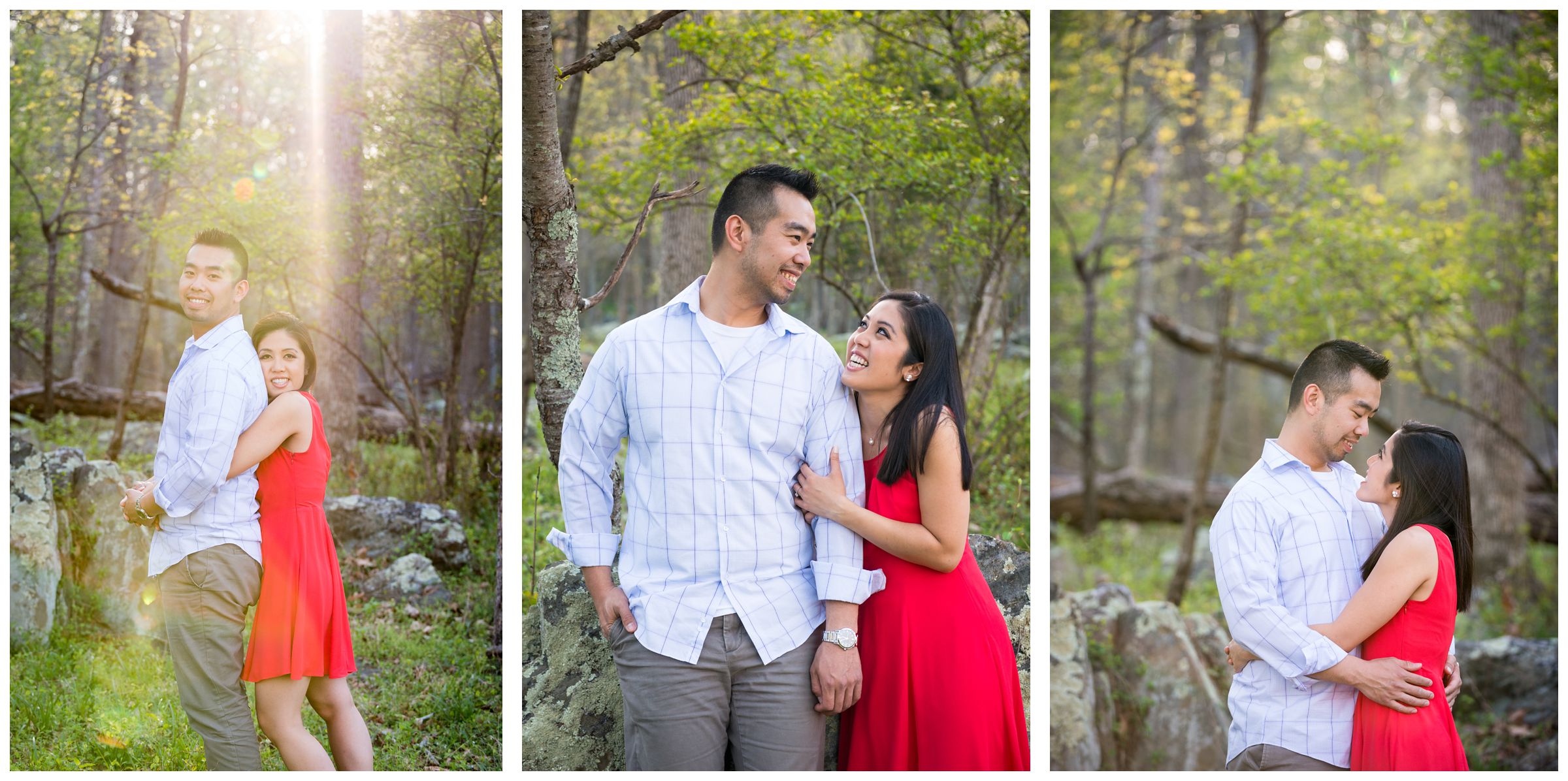 engaged couple in forest as sun sets at Great Falls Park in Northern Virginia