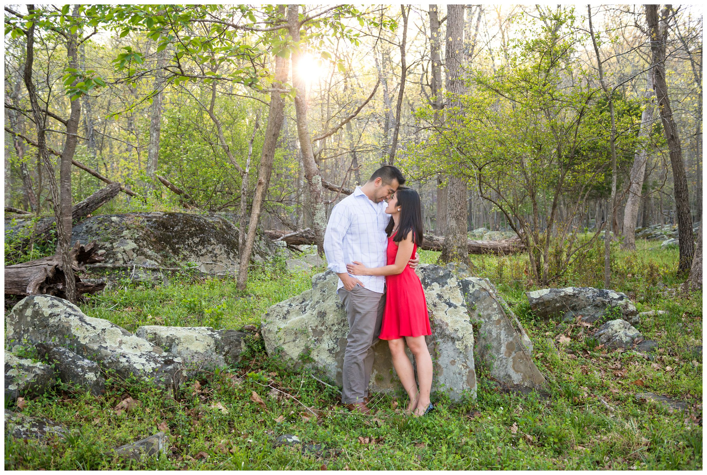 engagement photos in forest as sun sets at Great Falls Park in Northern Virginia