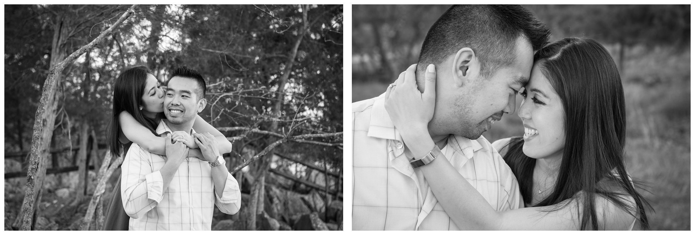 engaged couple amongst trees at Great Falls Park in Northern Virginia