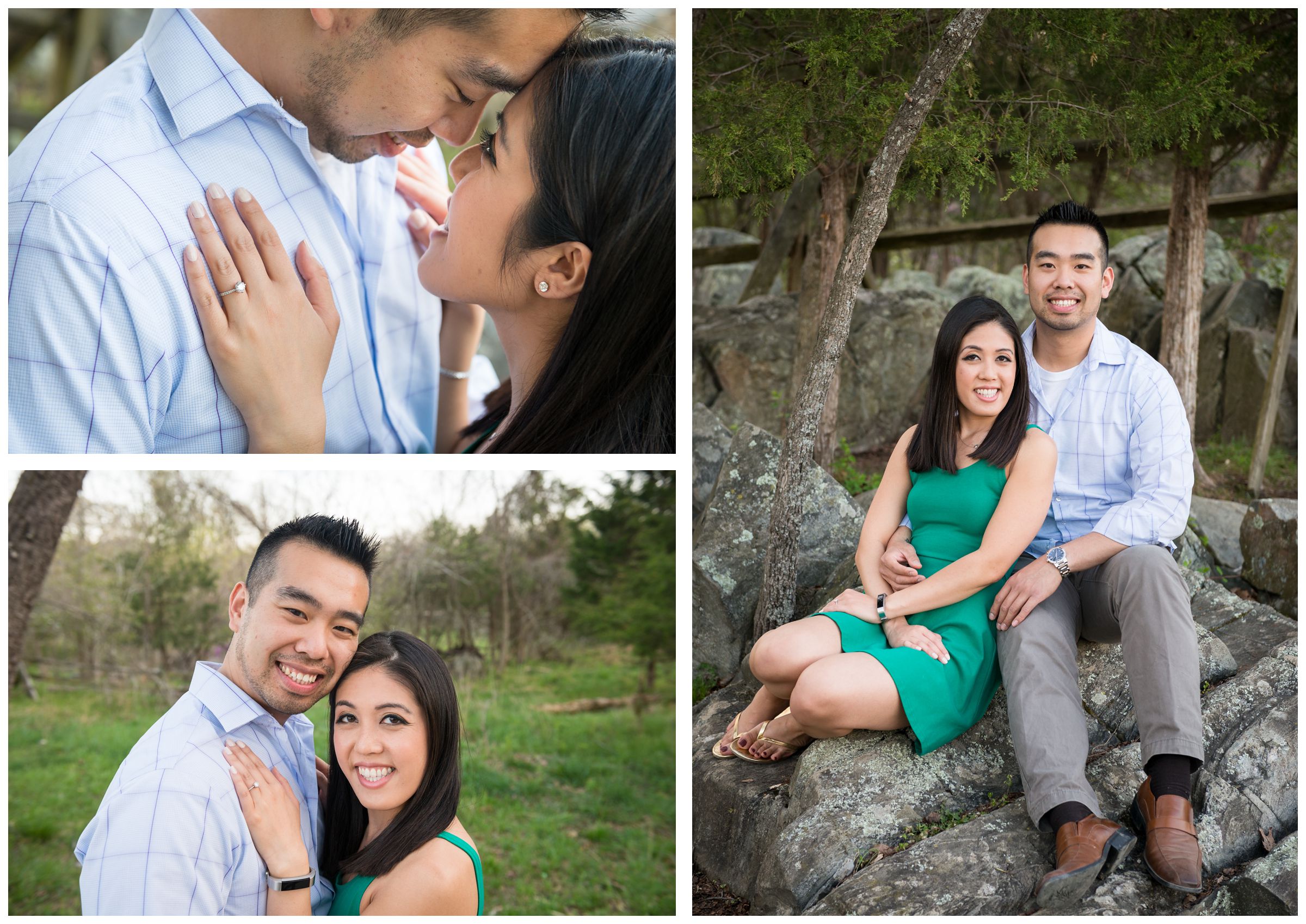 engaged couple amongst trees at Great Falls Park in Northern Virginia