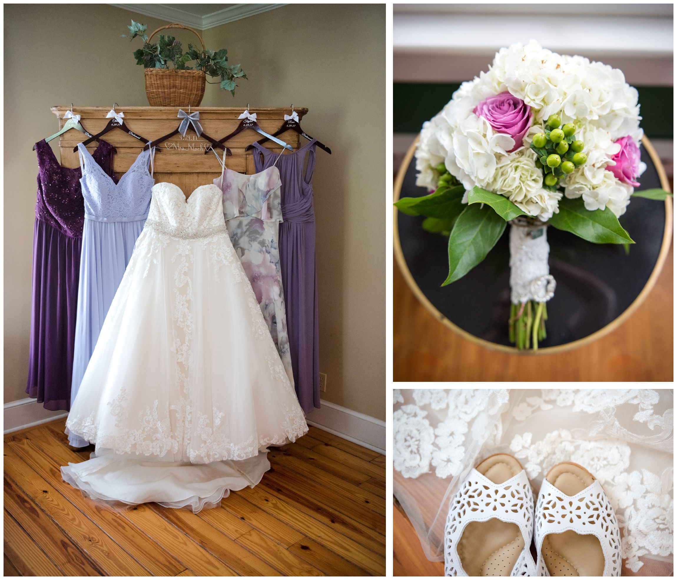 rustic wedding details including bride's gown and bridesmaid dresses, bouquet and shoes