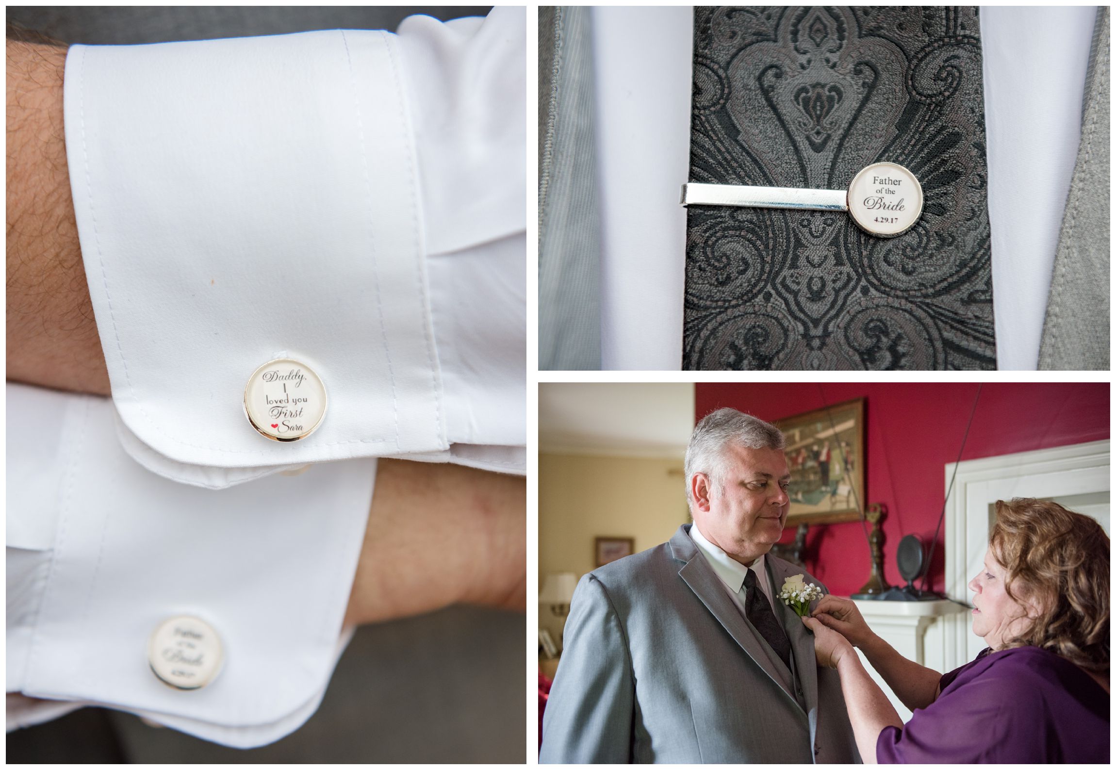 father of the bride shows off custom cuff links and tie bar