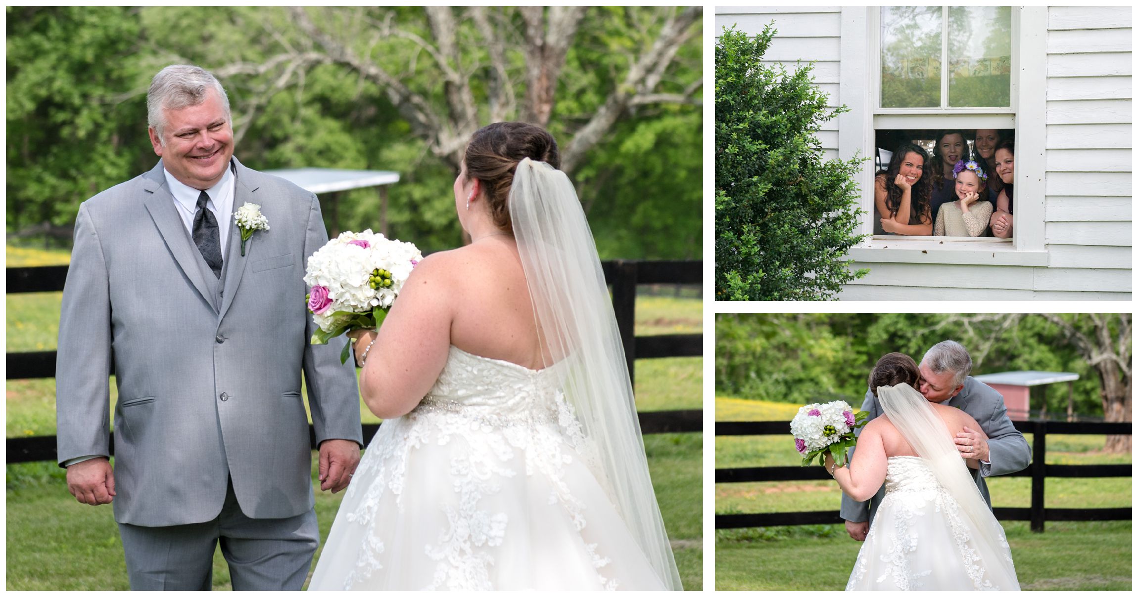 bride and dad share a first look moment before wedding ceremony at Wolftrap Farm