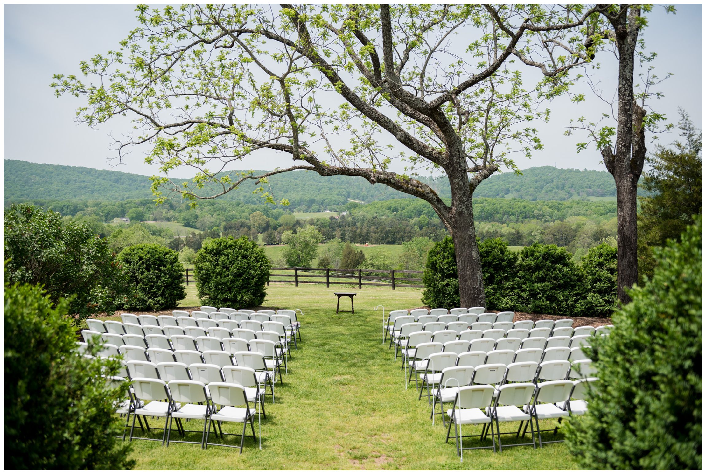wedding ceremony at Wolftrap Farm in Gordonsville, Virginia with mountain views