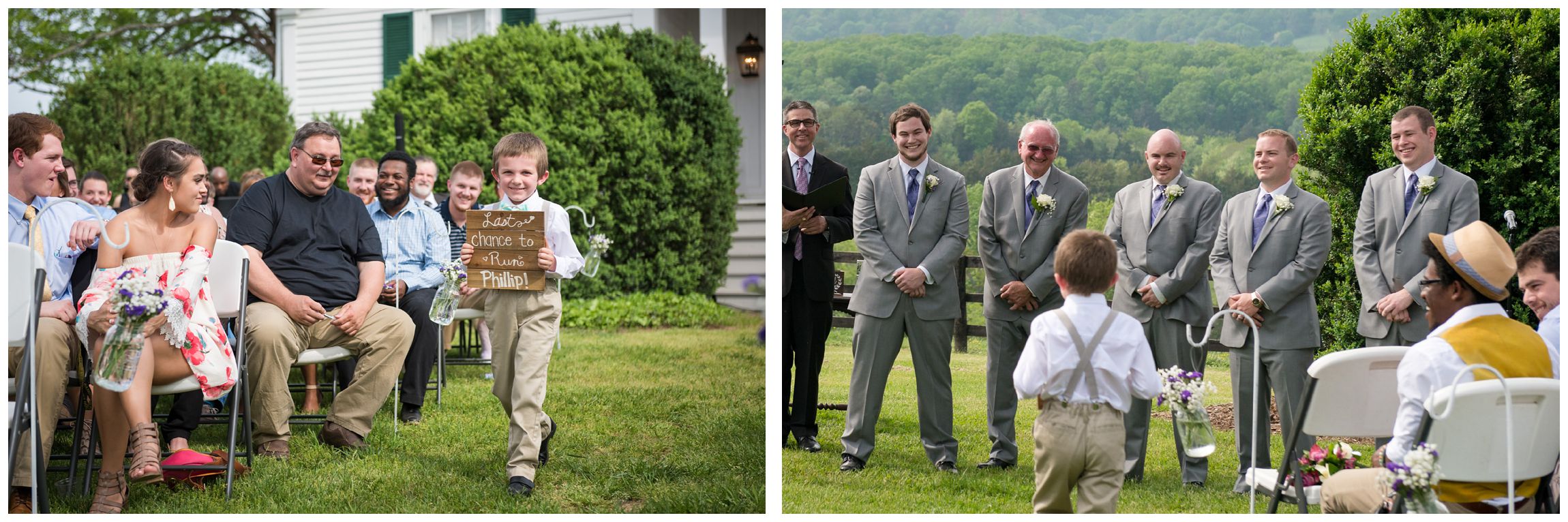 ring bearer carries sign saying "Last chance to run" during wedding ceremony at Wolftrap Farm