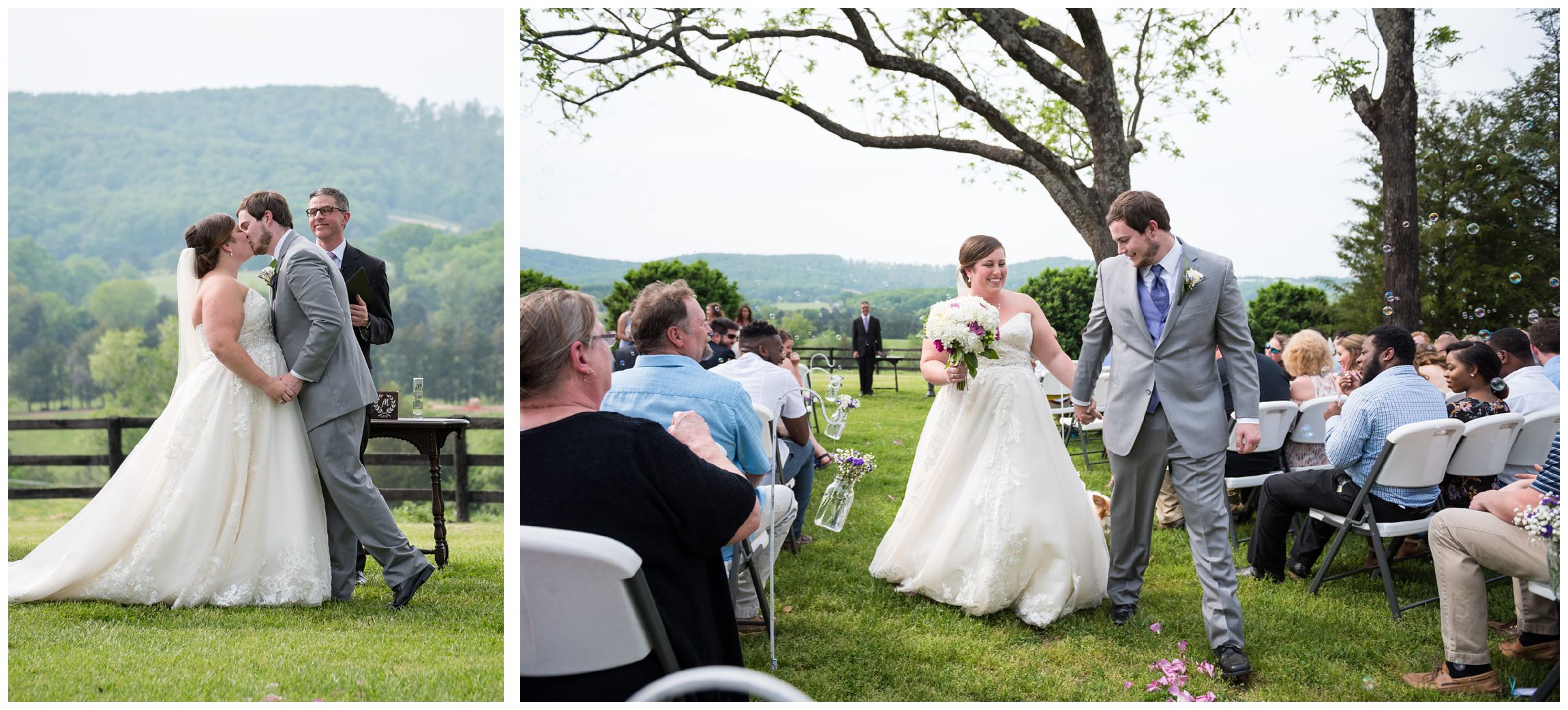 first kiss during rustic spring wedding with mountain views at Wolftrap Farm in Gordonsville, Virginia