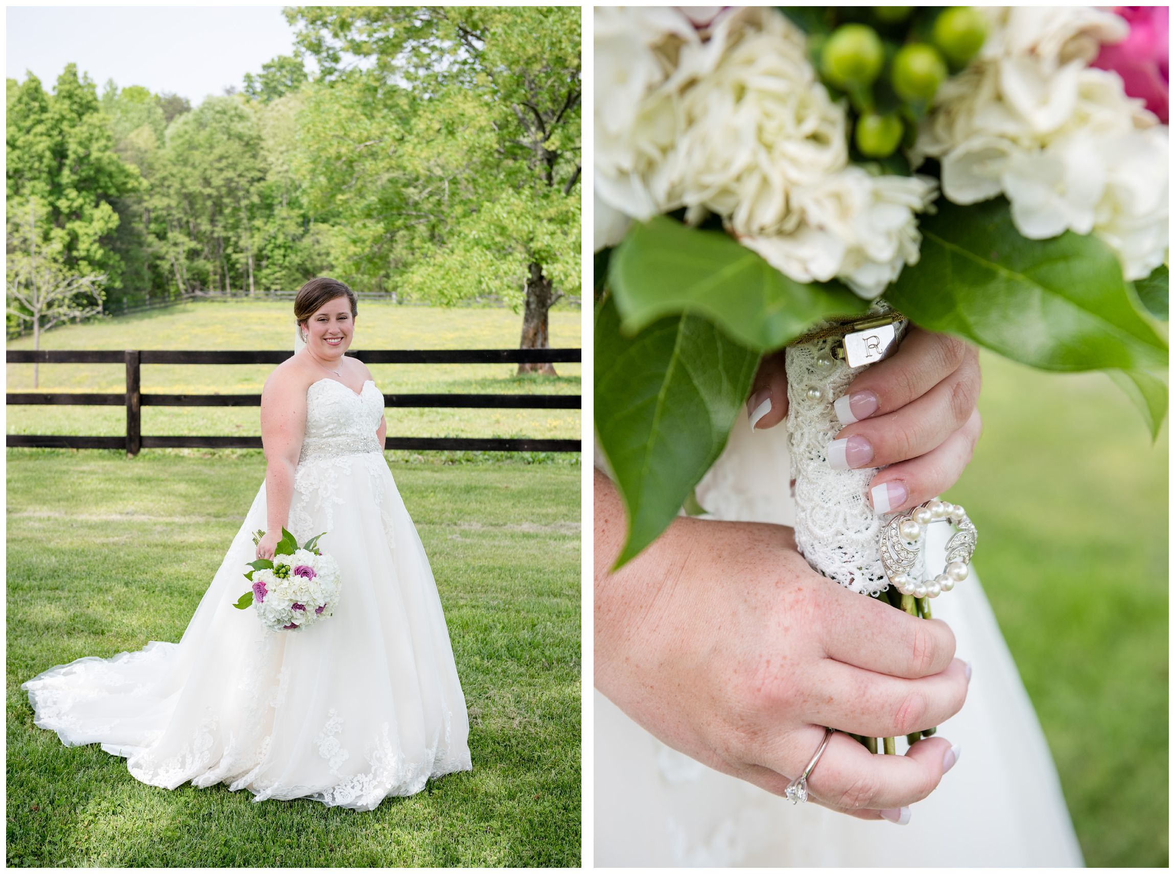 bride with sentimental charms on bouquet