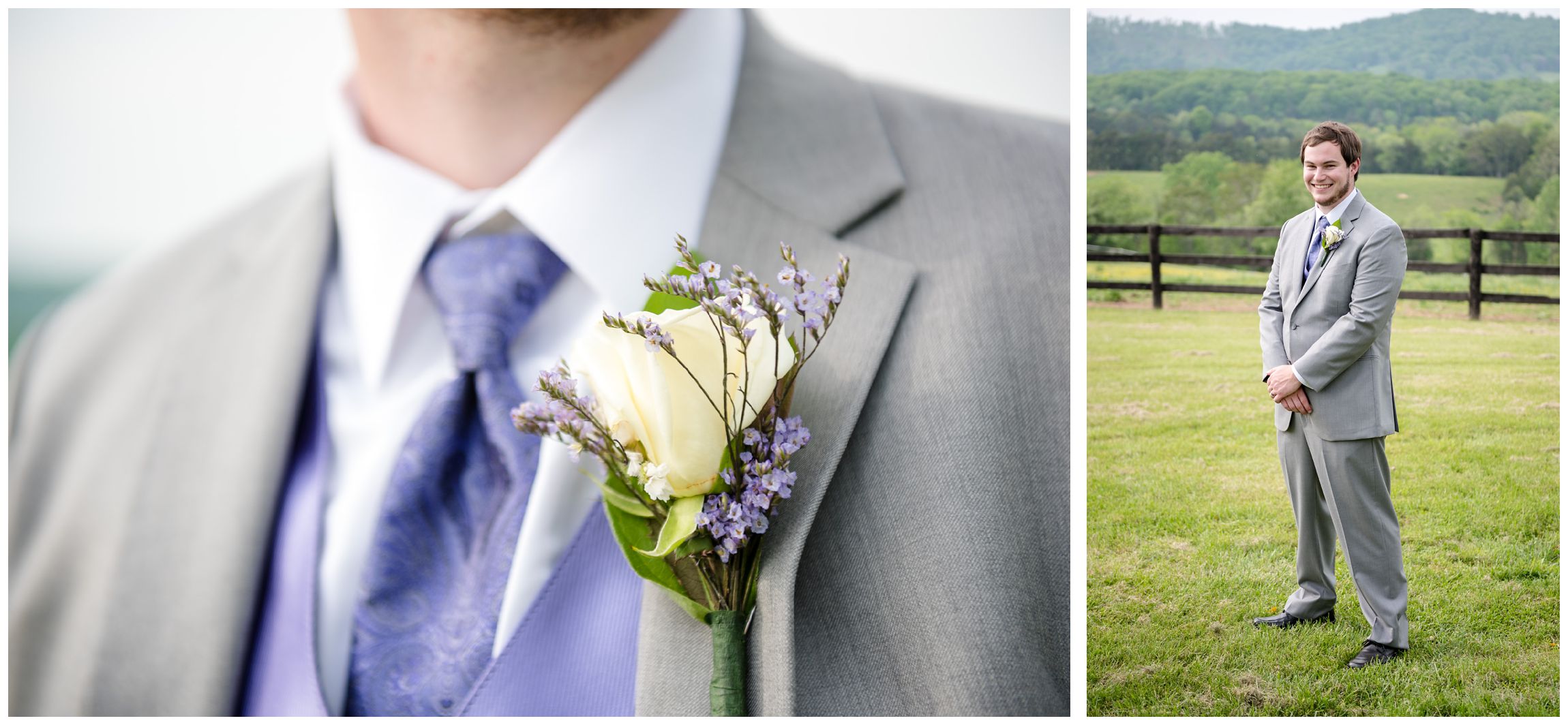 groom with purple tie and boutonniere 