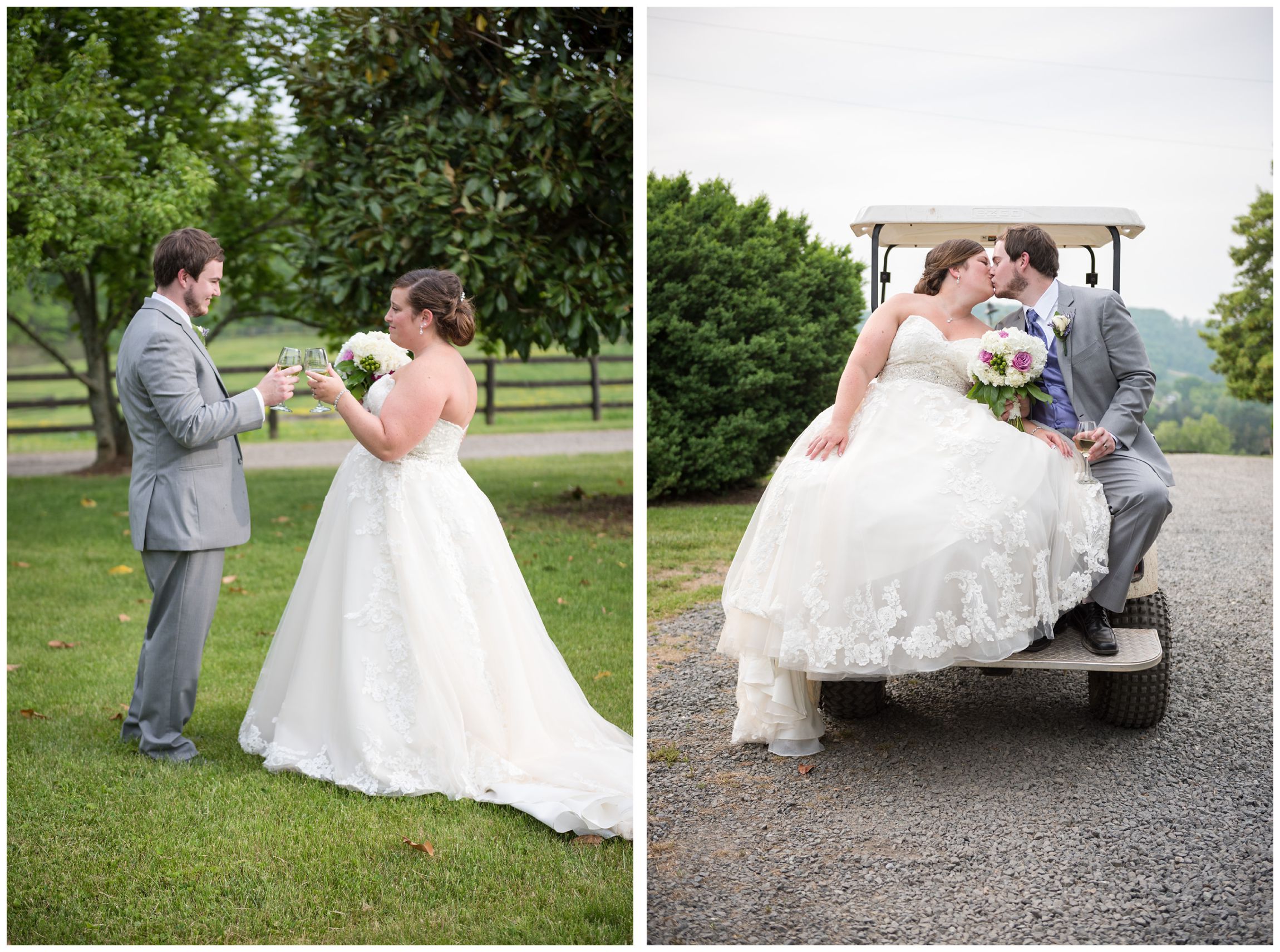 bride and groom toasting and riding golf cart to reception at Wolftrap Farm
