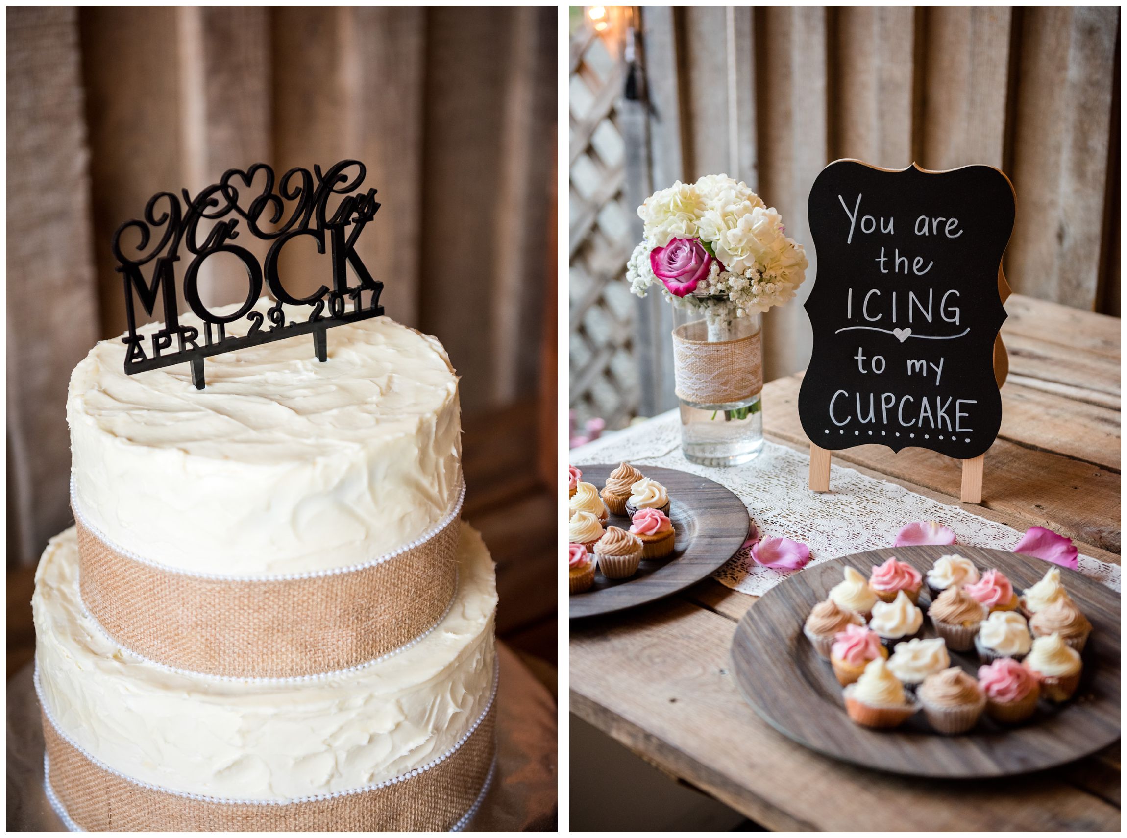 cake with burlap decor and cupcakes at rustic farm wedding reception