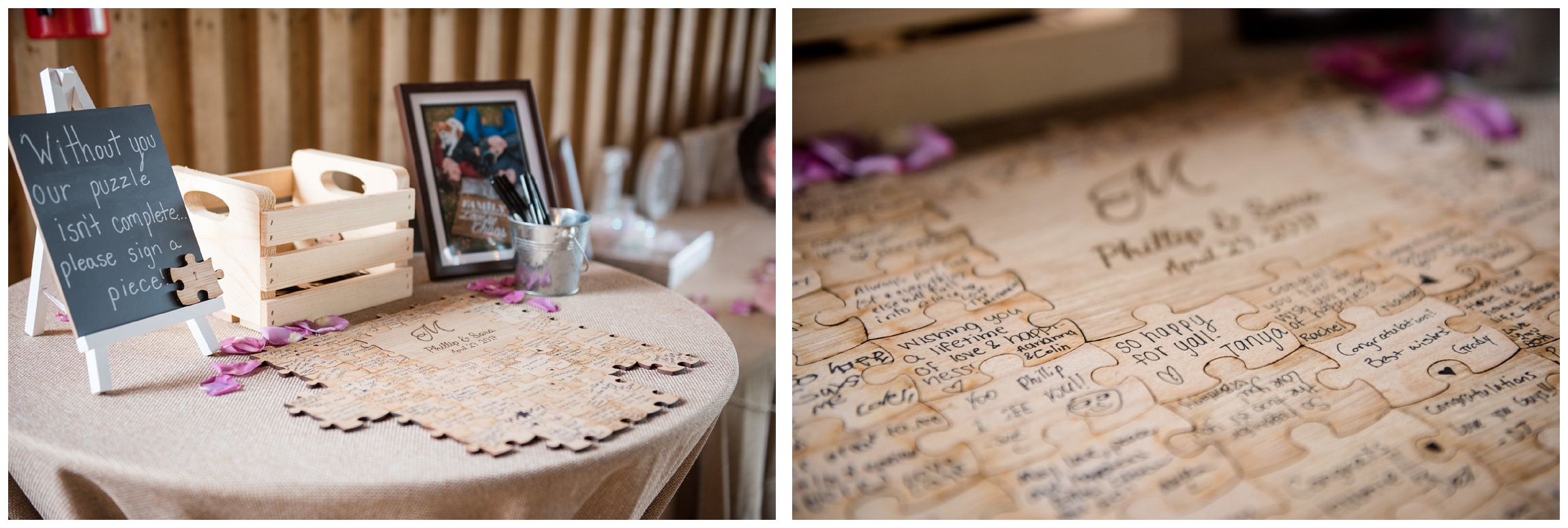 wooden puzzle guestbook at rustic wedding reception in Virginia