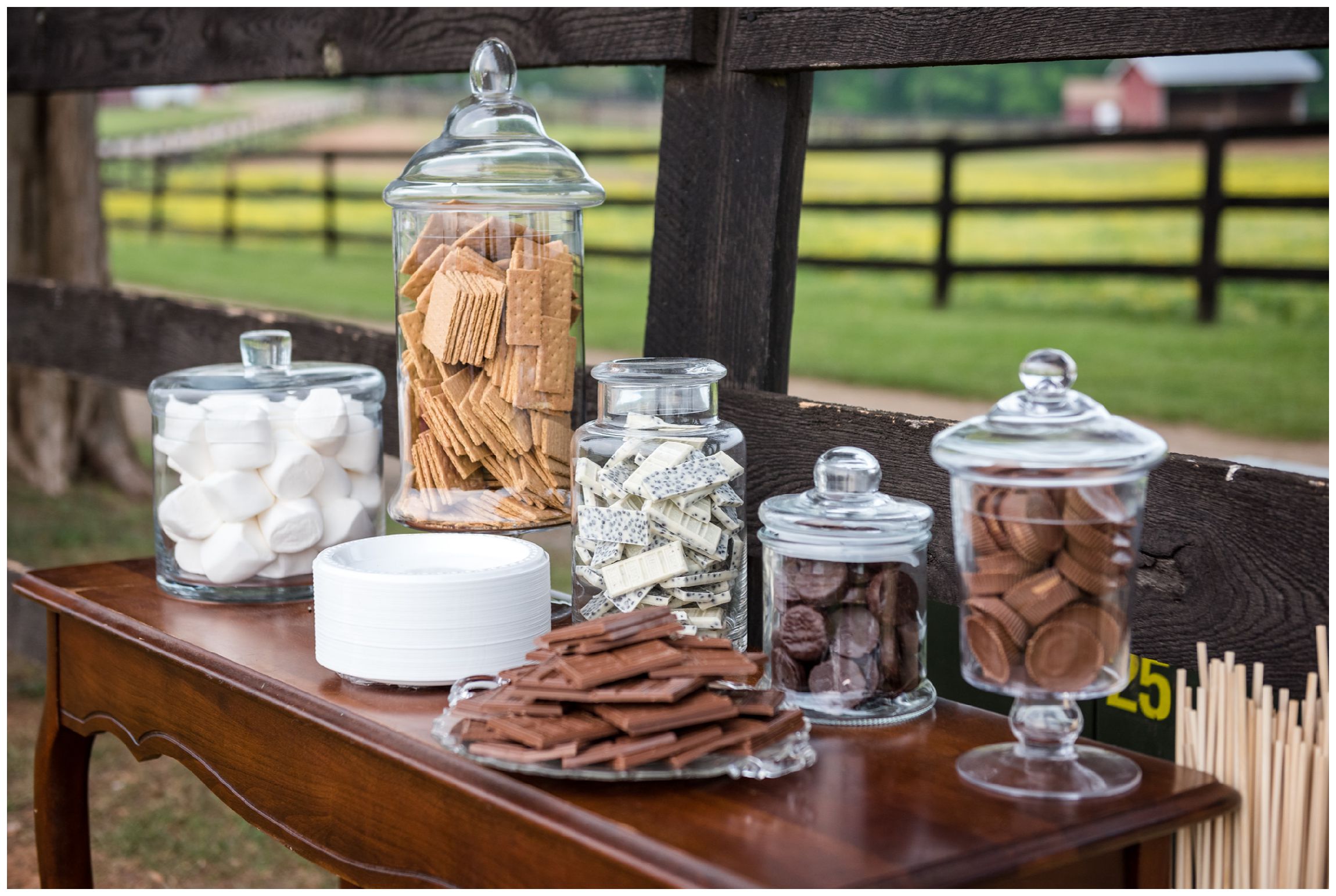 s'mores bar at rustic wedding at Wolftrap Farm in Virginia