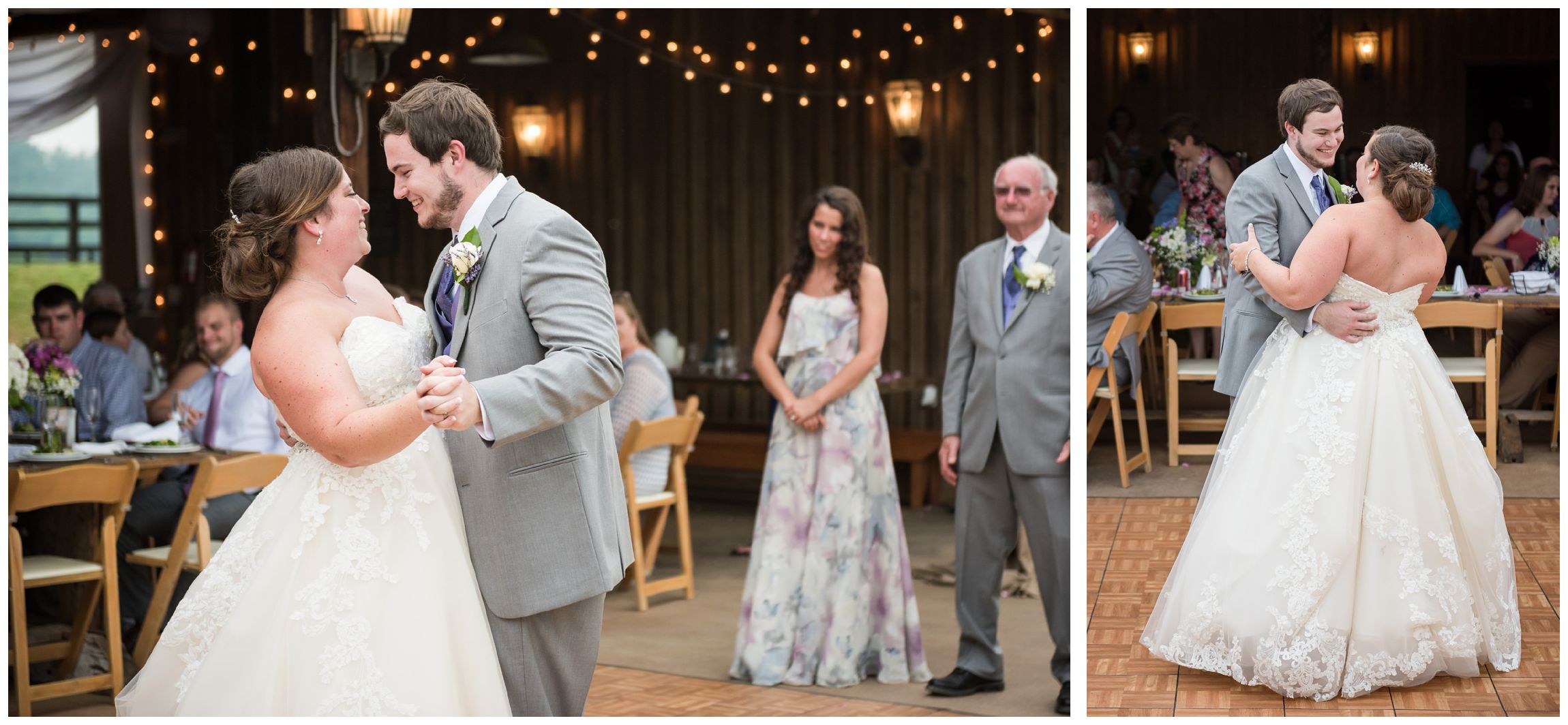 bride and groom sharing first dance at rustic barn wedding in Virginia
