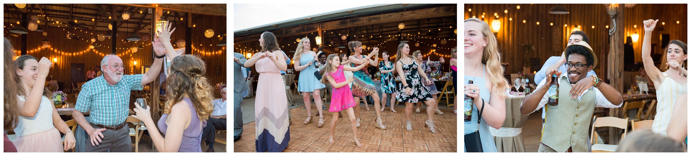 guests dancing at wedding reception in barn at Wolftrap Farm