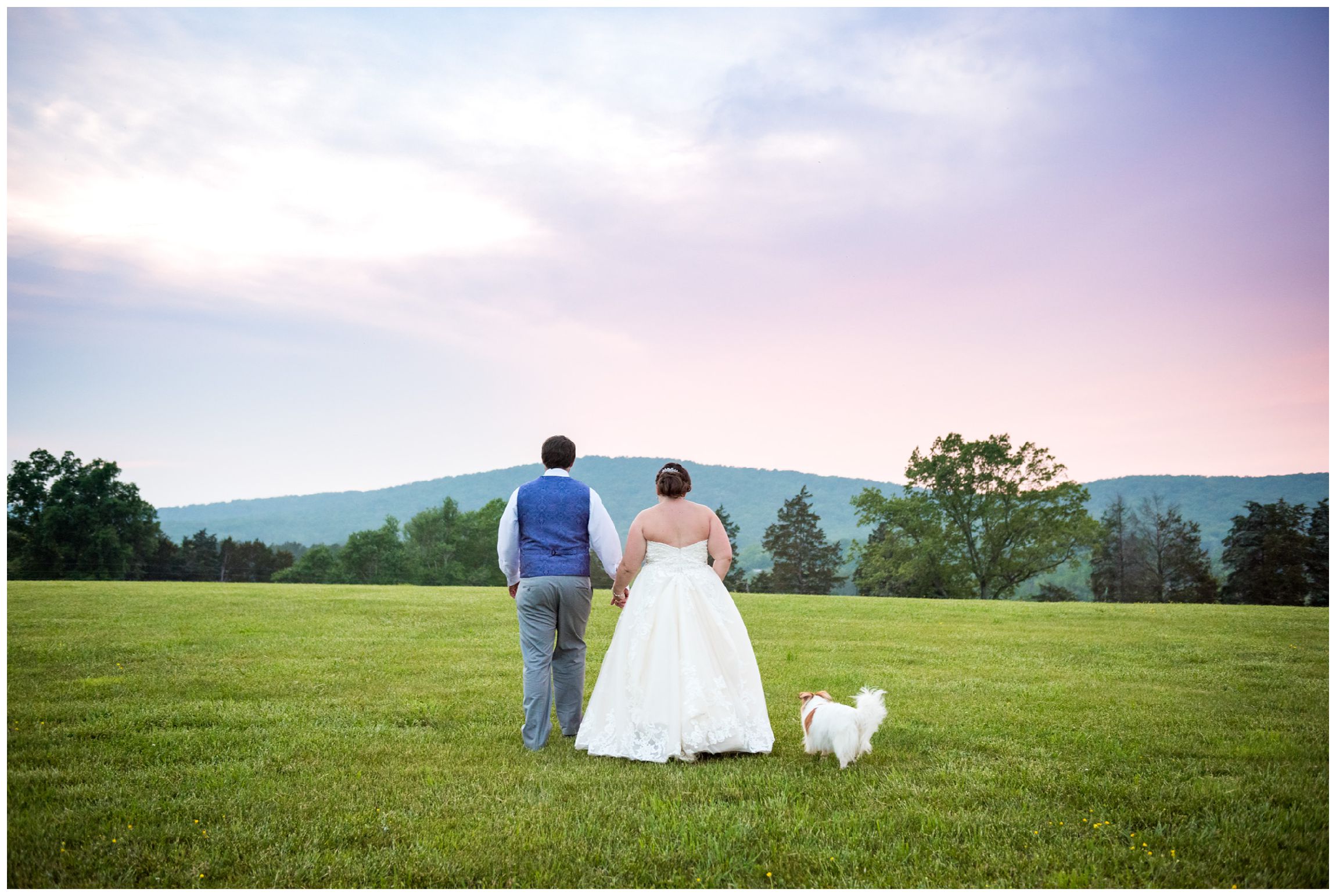 bride and groom at sunset in the mountains after rustic Virginia wedding at Wolftrap Farm