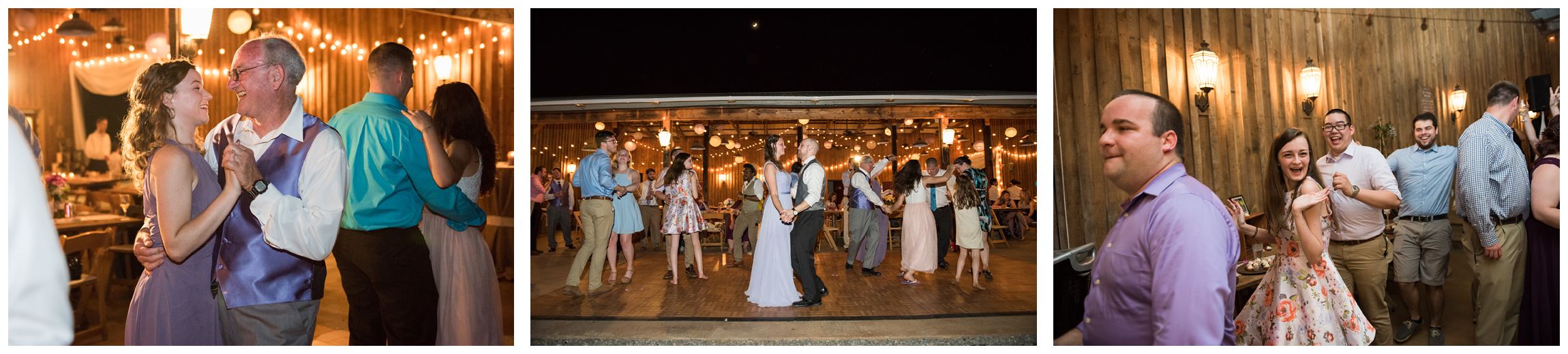 string lights illuminate barn wedding reception