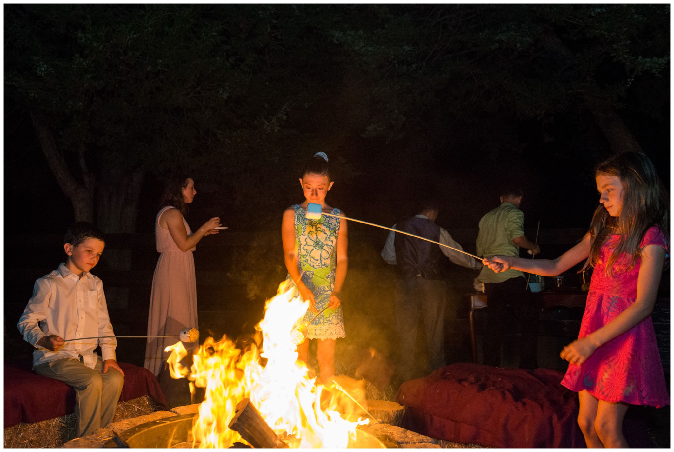kids make s'mores during rustic farm wedding reception in Virginia