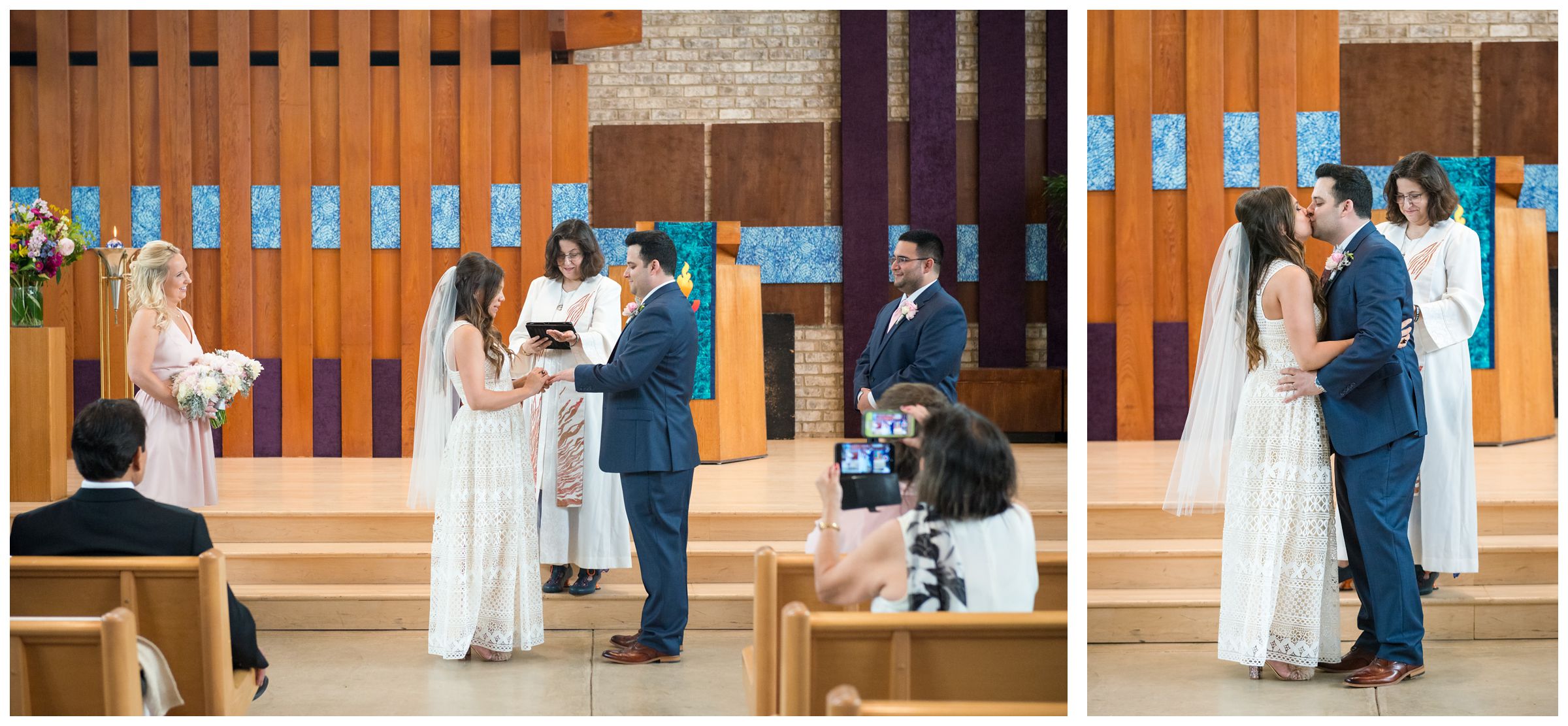 ring exchange and first kiss during wedding ceremony at the Unitarian Universalist Church in Arlington, Virginia 
