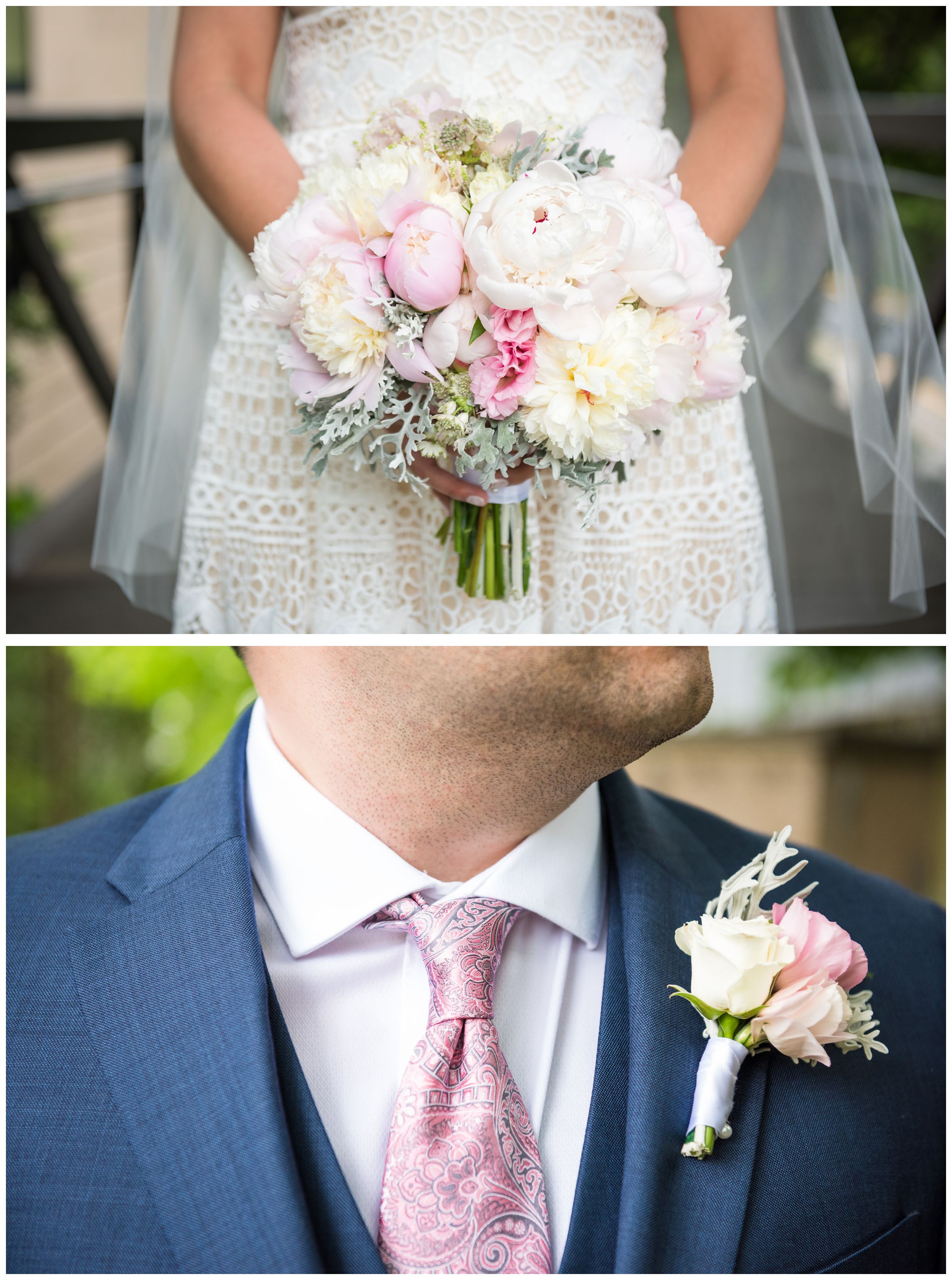 navy and blush wedding accessories including navy Tommy Hilfiger suit, blush tie, and blush peony bouquet
