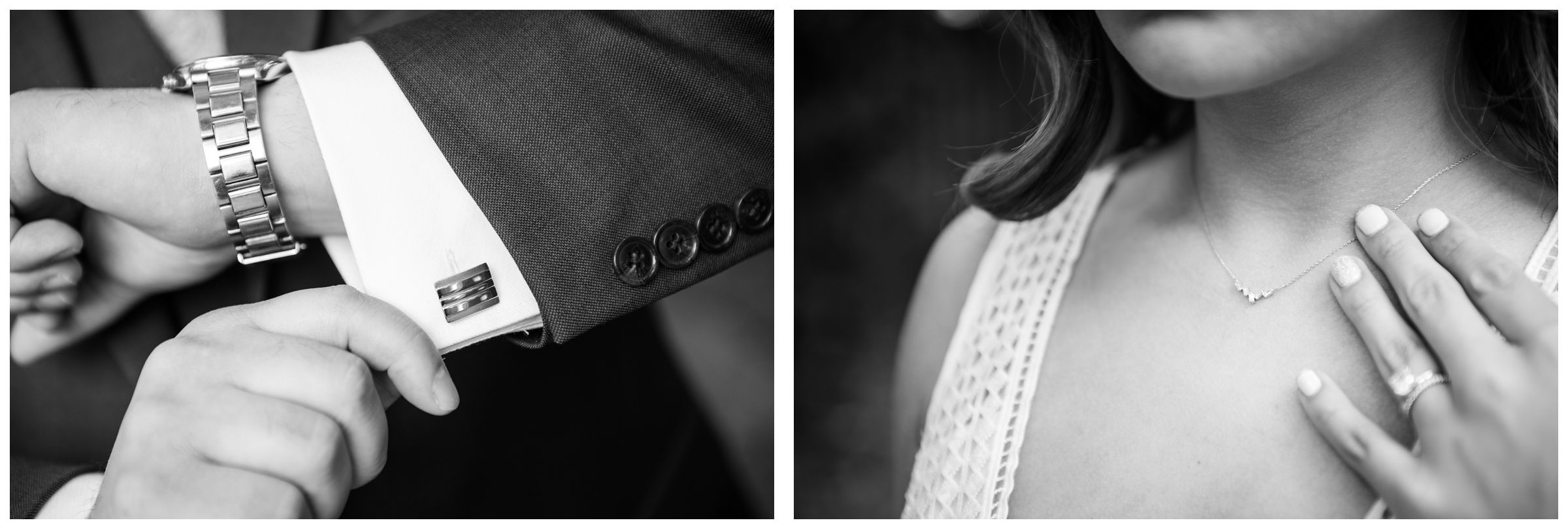 detail of bride's necklace and groom's cufflinks