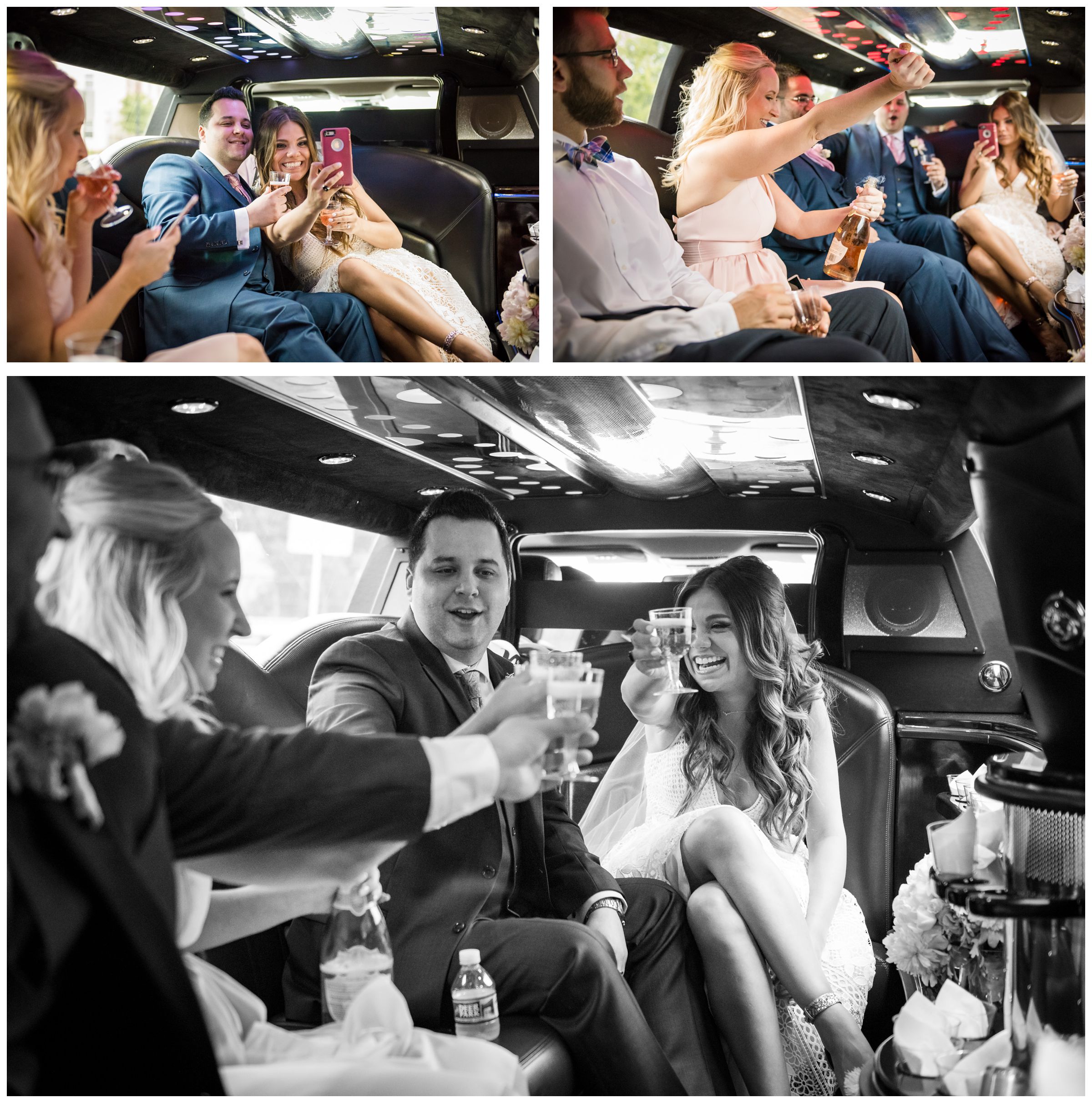 bridal party celebrating in limo in downtown Washington, D.C. after wedding